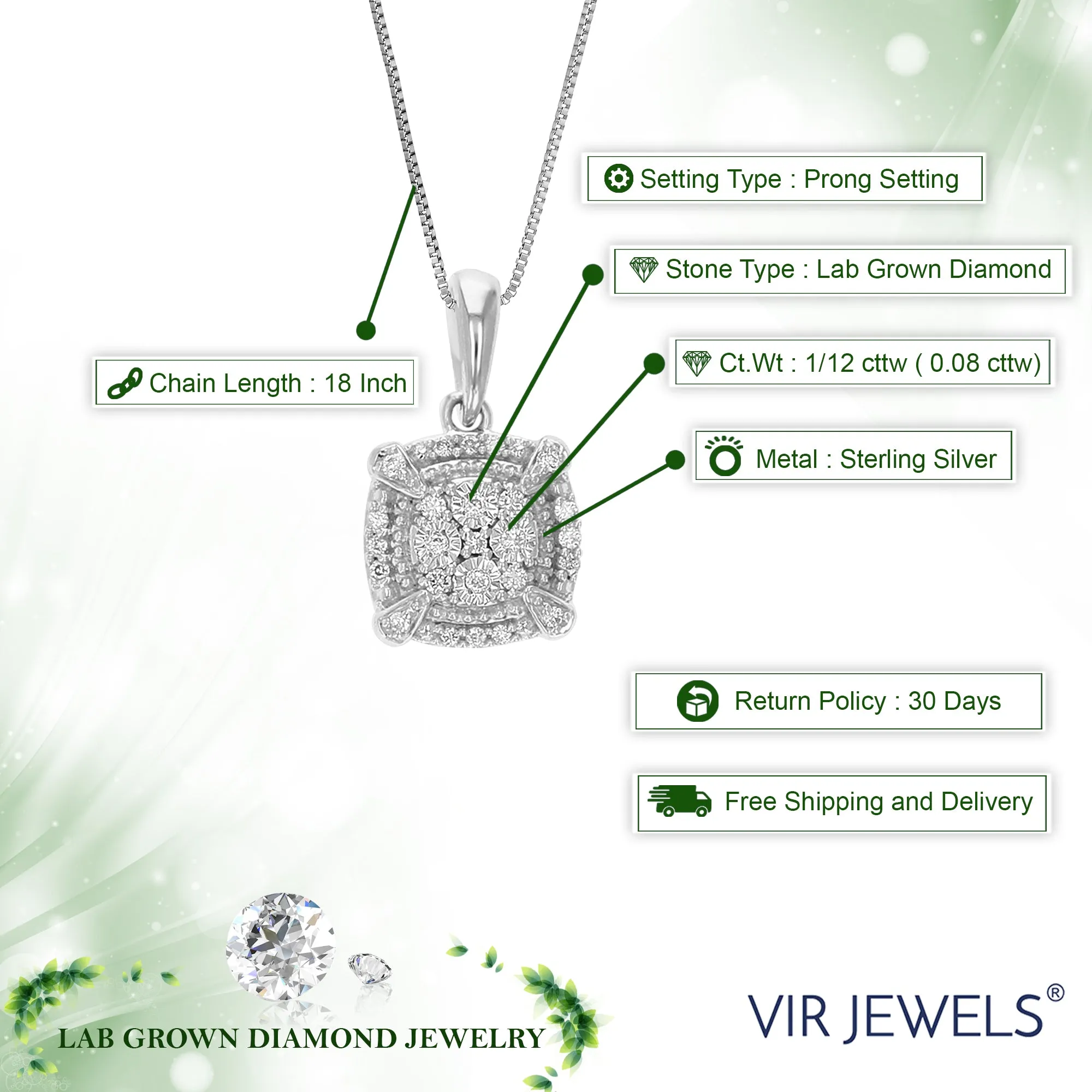 1/12 cttw Lab Grown Diamond Square Cluster Pendant Necklace .925 Sterling Silver 2/3 Inch with 18 Inch Chain
