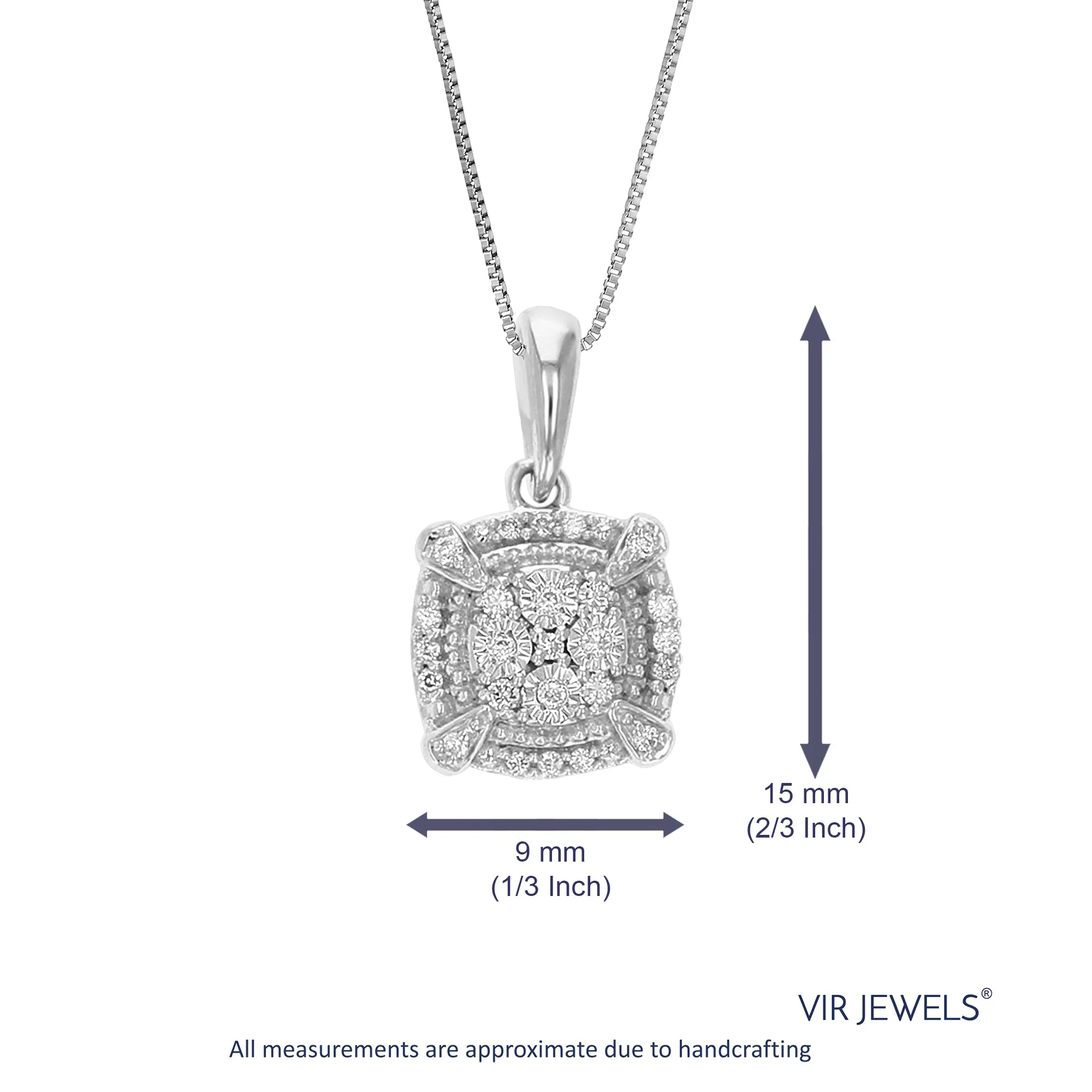 1/12 cttw Lab Grown Diamond Square Cluster Pendant Necklace .925 Sterling Silver 2/3 Inch with 18 Inch Chain