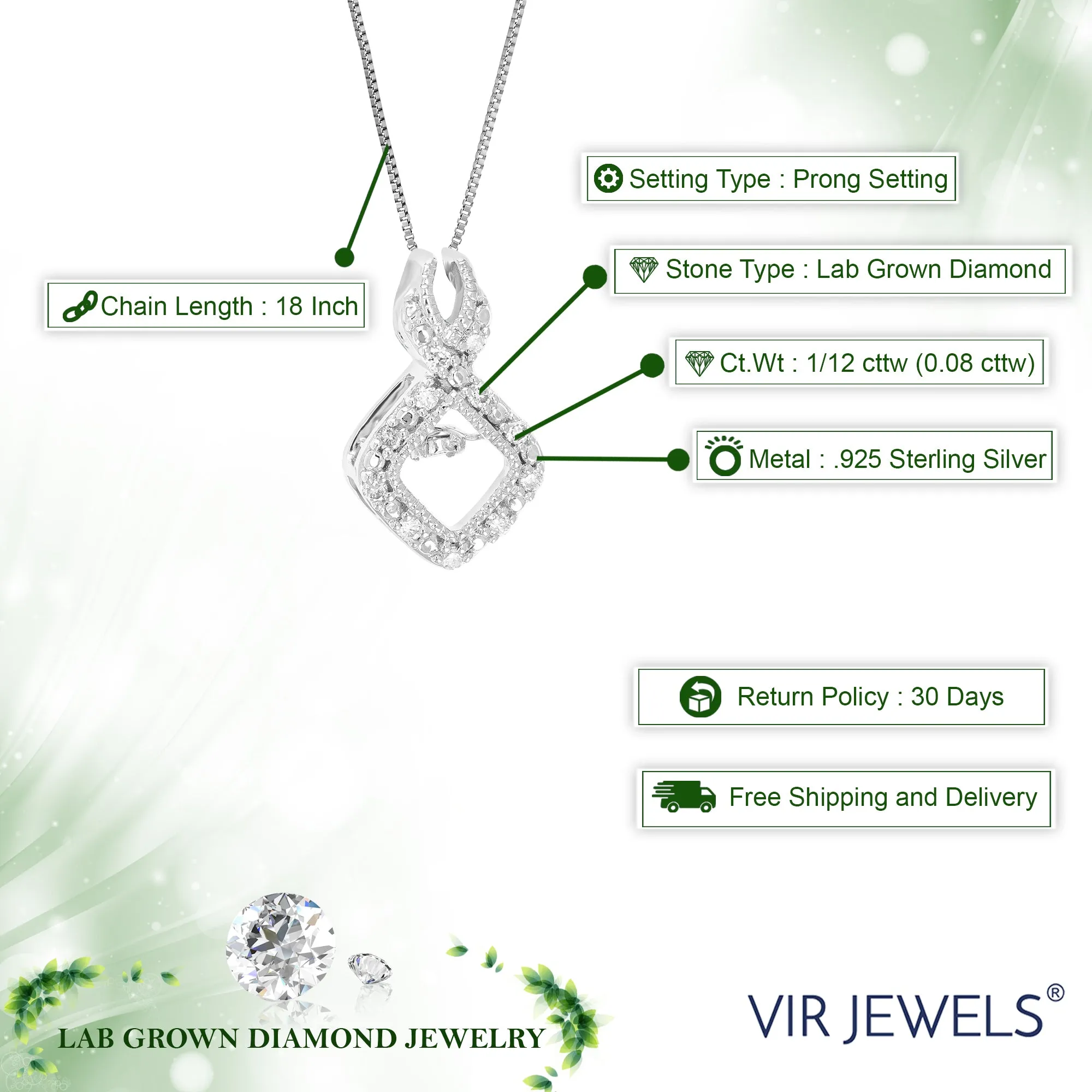 1/12 cttw Round Cut 12 Stones Lab Grown Diamond Pendant Necklace .925 Sterling Silver 1/2 Inch With 18 Inch Chain