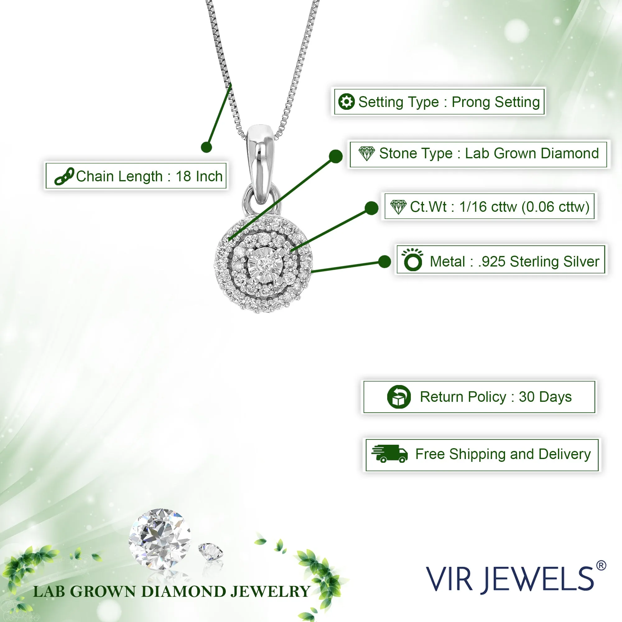 1/16 cttw Lab Grown Diamond Fashion Pendant Necklace .925 Sterling Silver 2/5 Inch with 18 Inch Chain