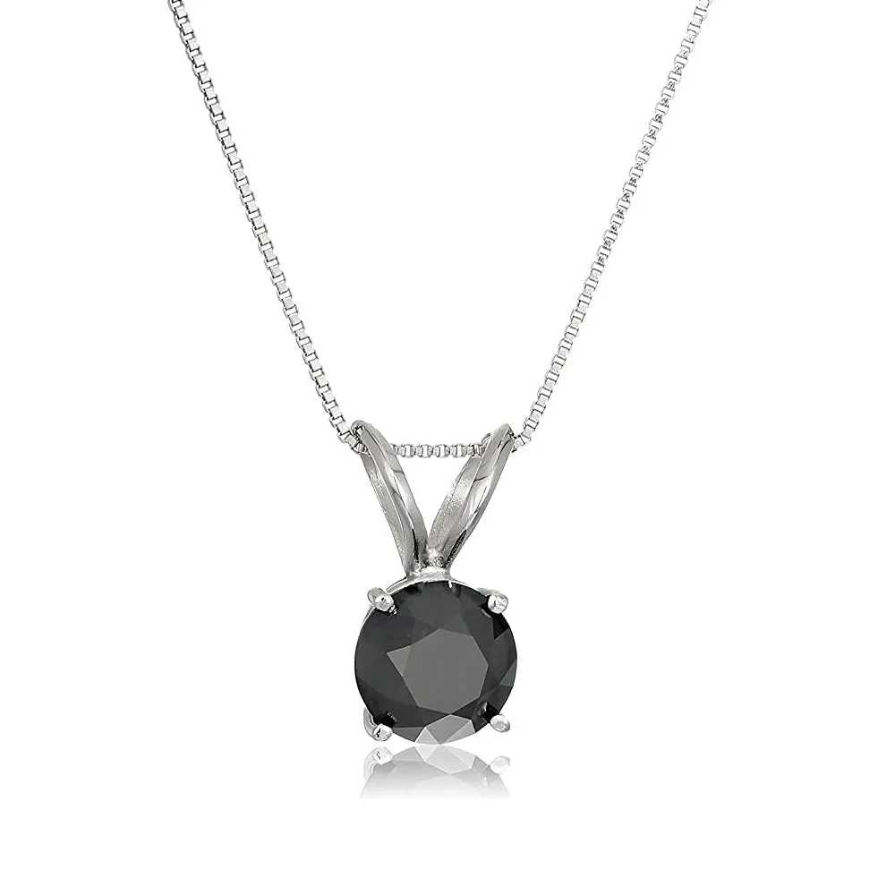 1.50 cttw Black Diamond Solitaire Pendant .925 Sterling Silver Round with Chain