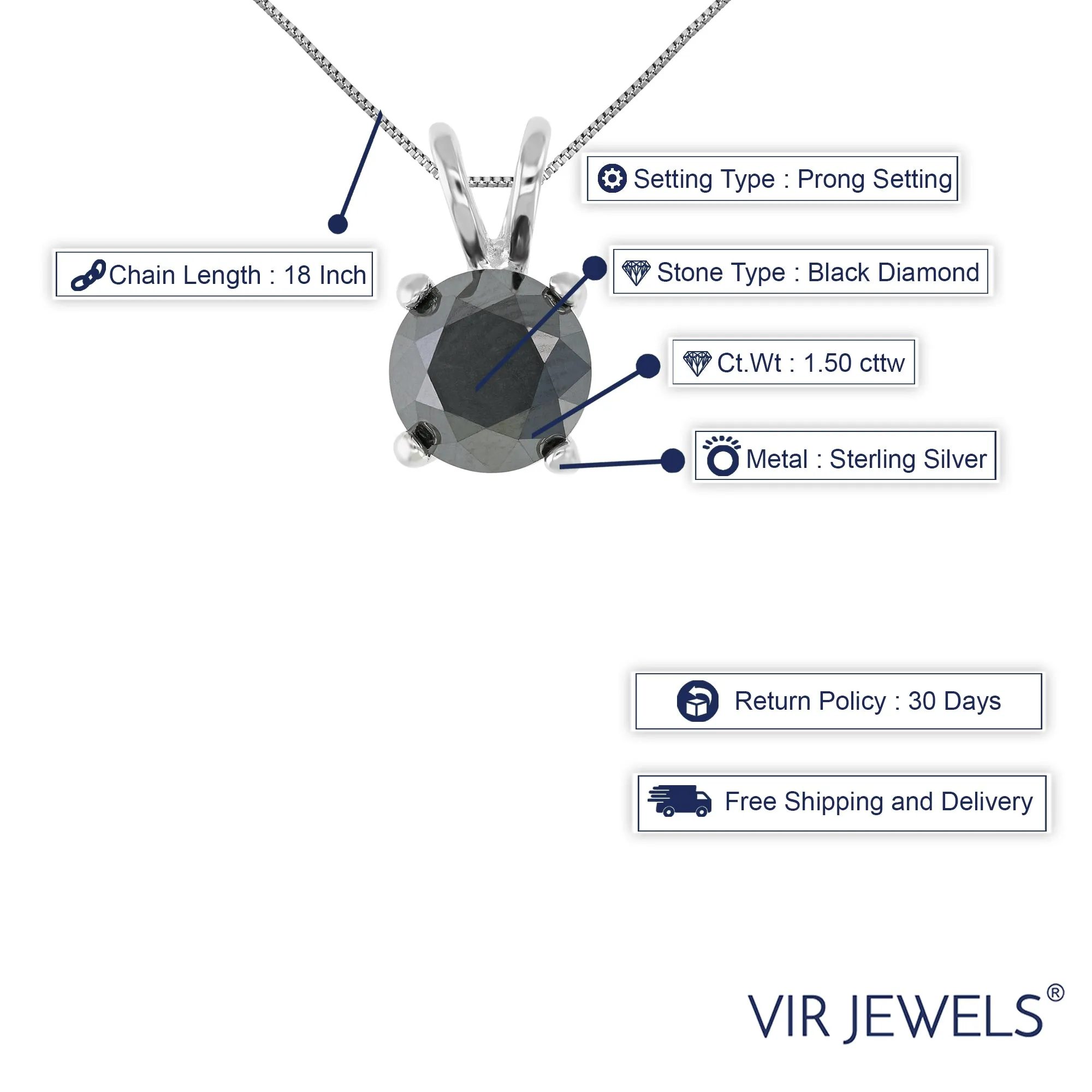 1.50 cttw Black Diamond Solitaire Pendant .925 Sterling Silver Round with Chain