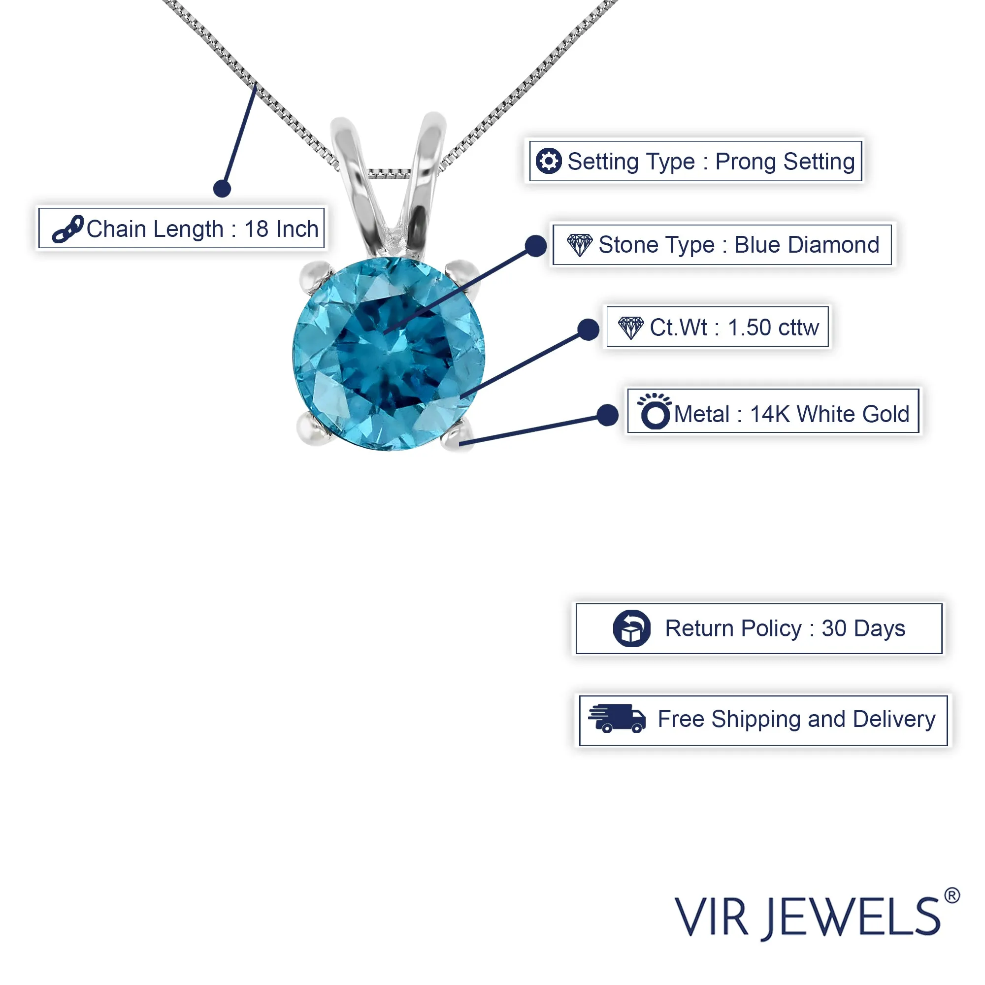 1.50 cttw Blue Diamond Solitaire Pendant Necklace 14K White Gold Round and Chain