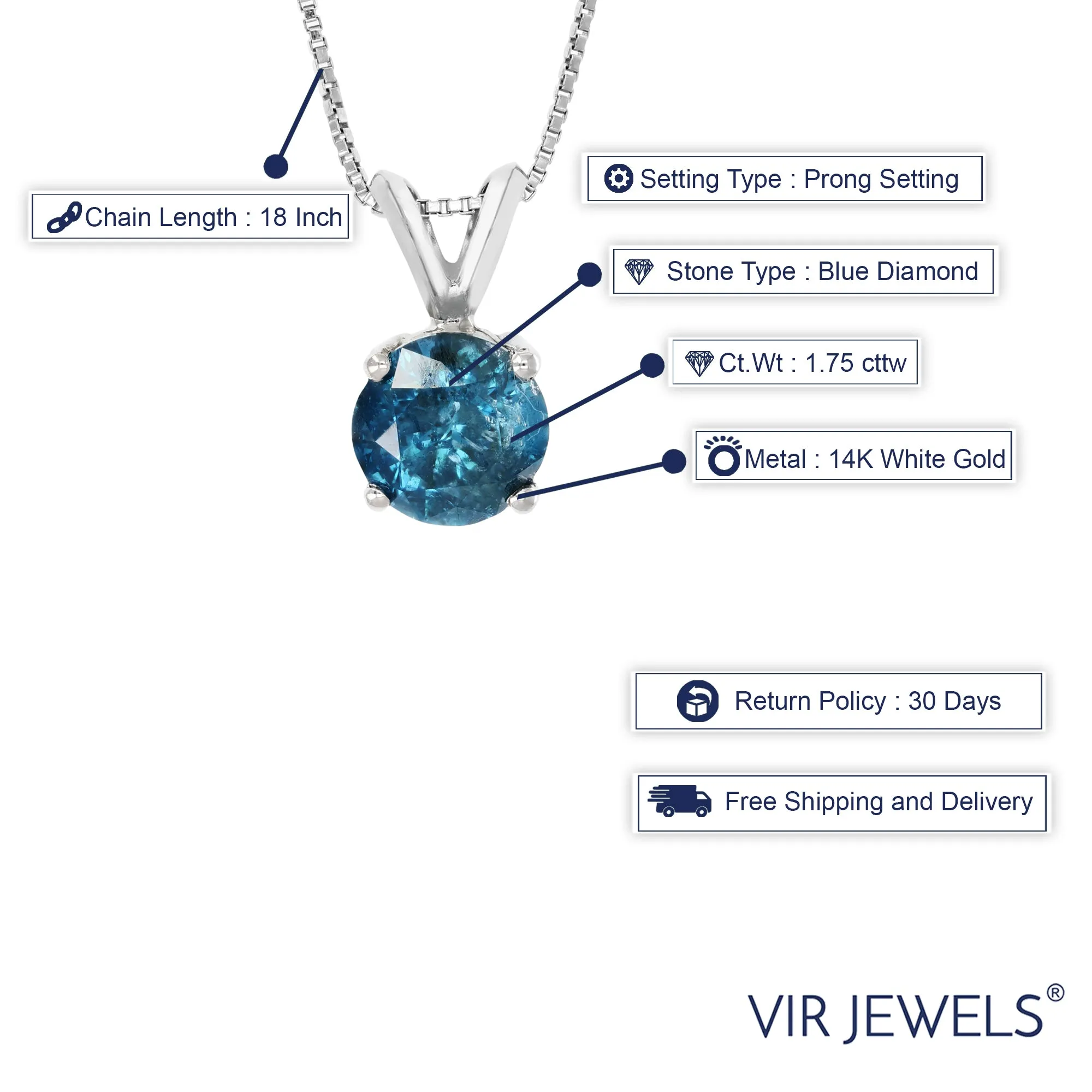 1.75 cttw Blue Diamond Solitaire Pendant Necklace 14K White Gold Round and Chain