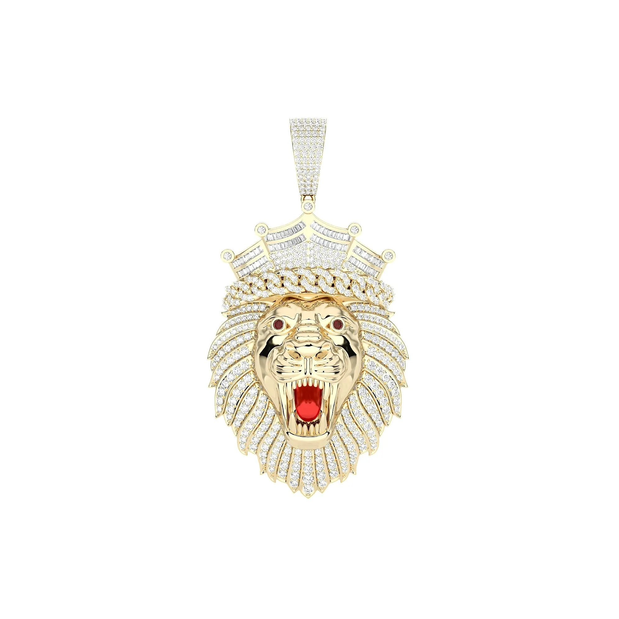 2 1/2" Diamond Roaring Lion with Ruby Eyes Pendant 2.93ct 10K Yellow Gold
