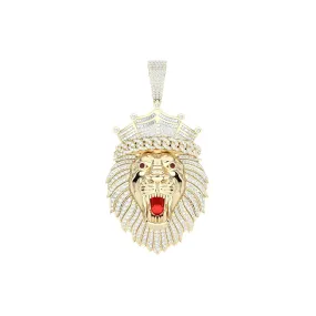 2 1/2" Diamond Roaring Lion with Ruby Eyes Pendant 2.93ct 10K Yellow Gold
