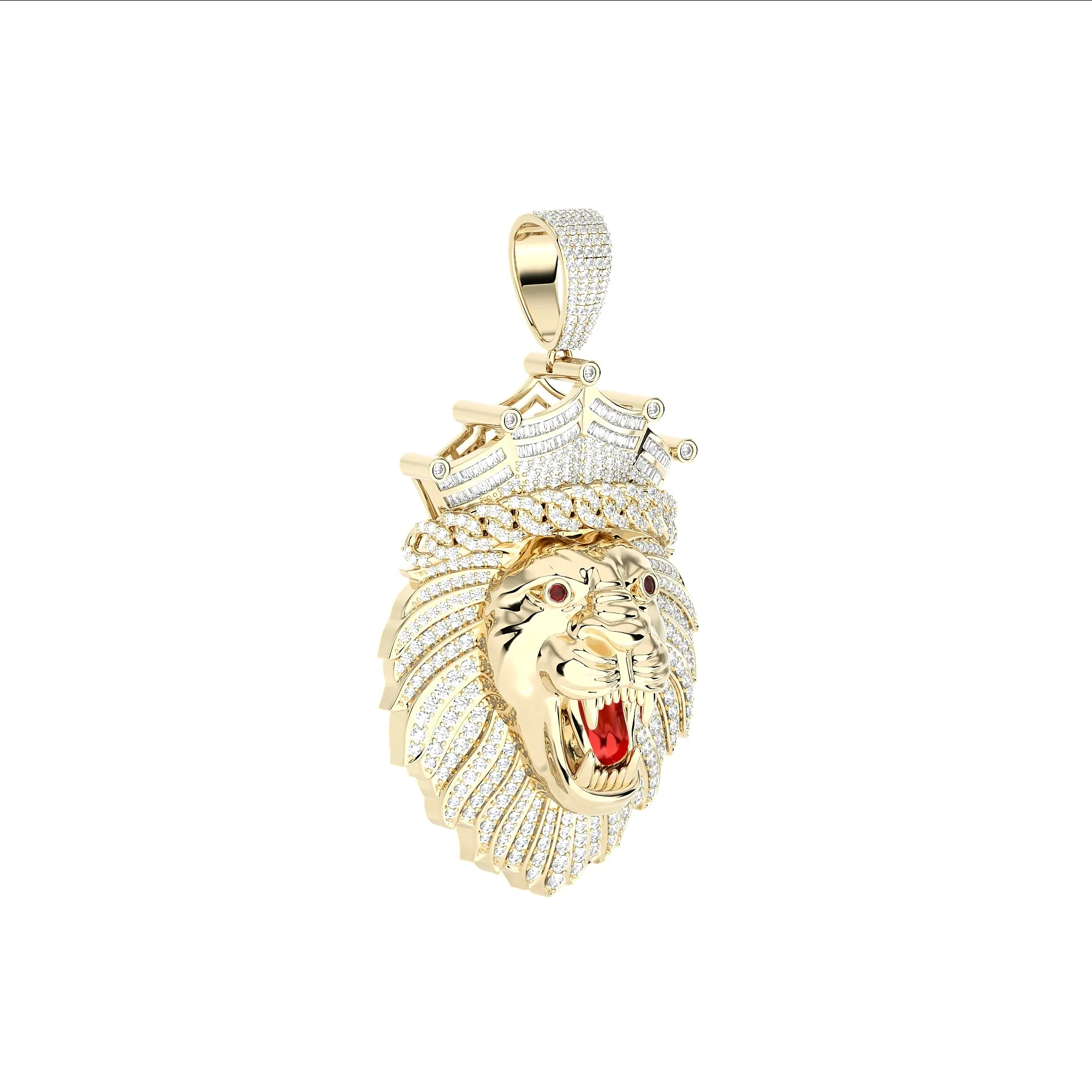2 1/2" Diamond Roaring Lion with Ruby Eyes Pendant 2.93ct 10K Yellow Gold