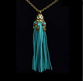24" Turquoise Tassel Necklace, fabric gift bag, leather fringe with antique gold charmed cap on gold chain, handmade in USA, Each