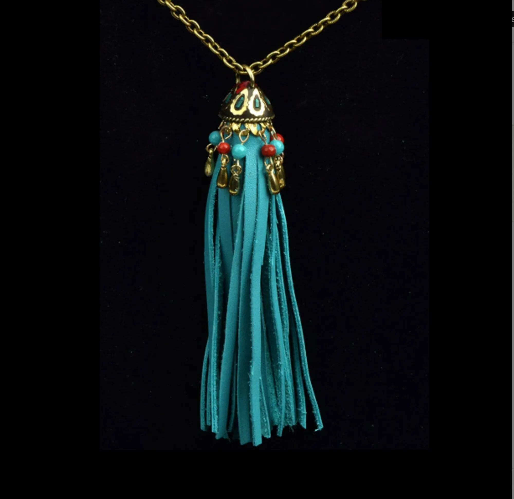 24" Turquoise Tassel Necklace, fabric gift bag, leather fringe with antique gold charmed cap on gold chain, handmade in USA, Each