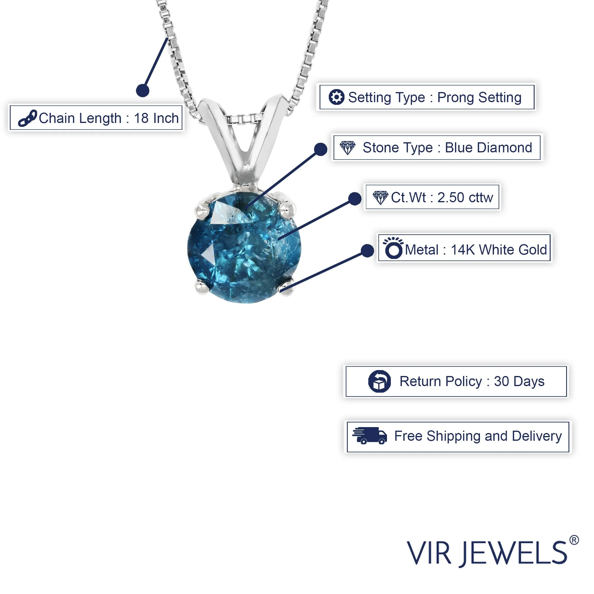2.50 cttw Blue Diamond Solitaire Pendant Necklace 14K White Gold Round and Chain