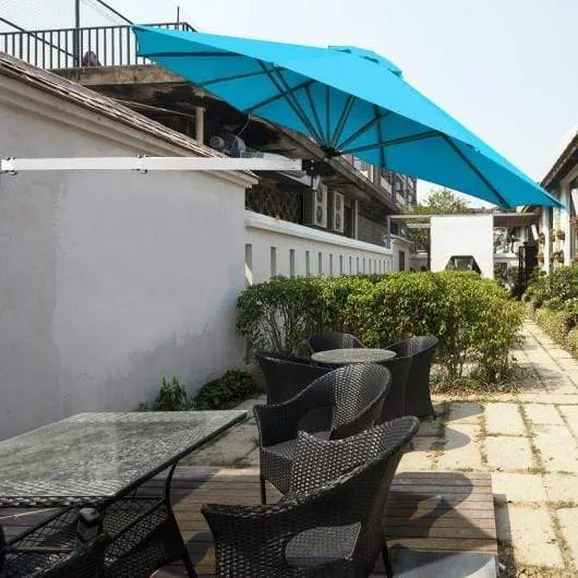 8ft Wall-Mounted Telescopic Folding Tilt Aluminum Sun Shade Umbrella-Blue