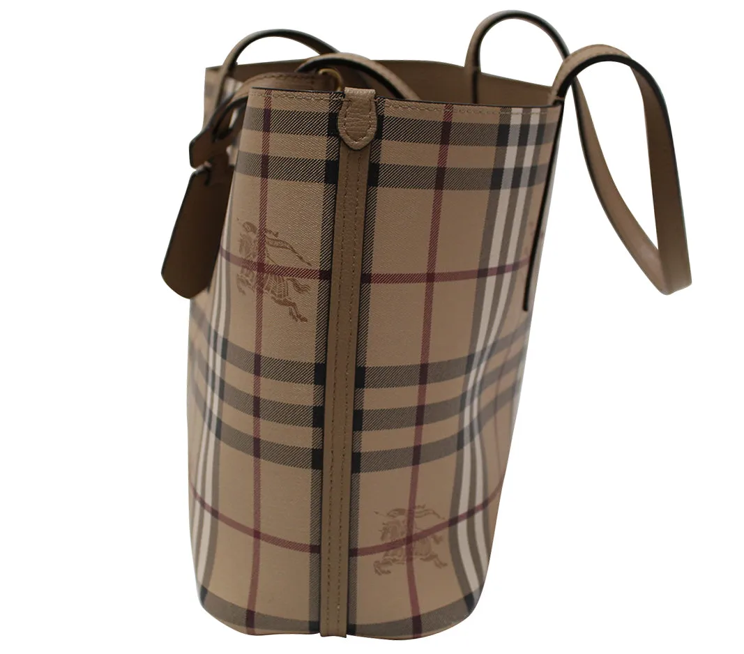 Authentic Burberry Beige Grainy Calfskin Haymarket Check Medium Reversible Tote