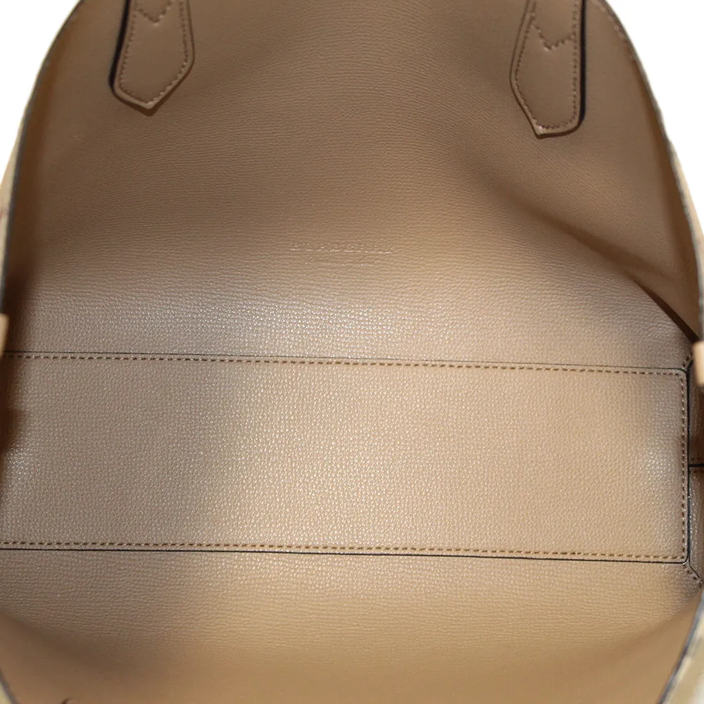 Authentic Burberry Beige Grainy Calfskin Haymarket Check Medium Reversible Tote