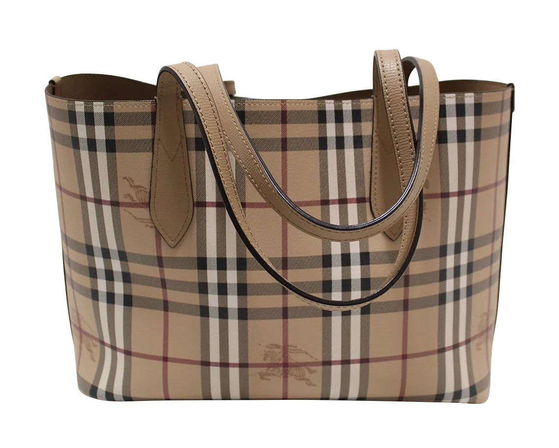 Authentic Burberry Beige Grainy Calfskin Haymarket Check Medium Reversible Tote