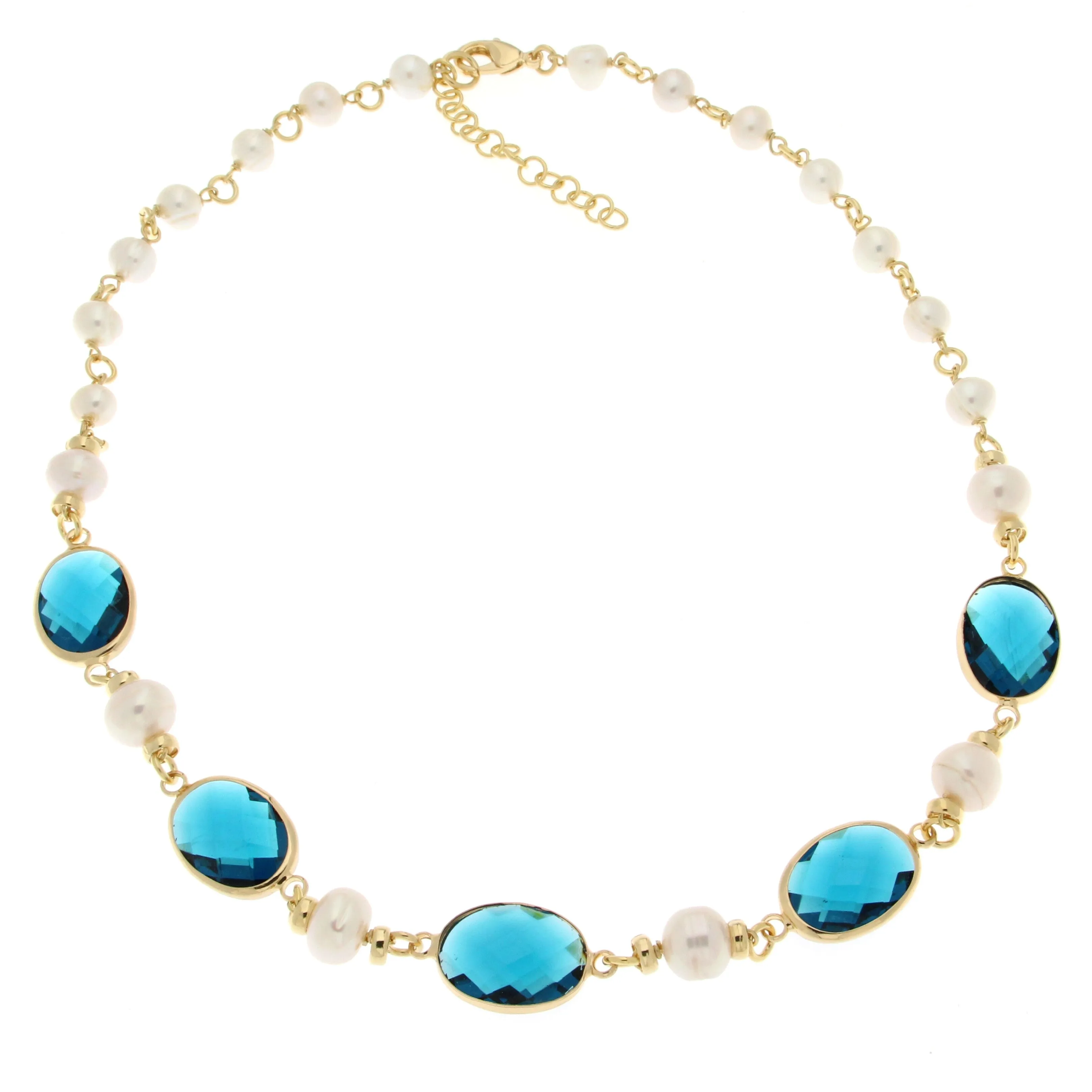 Blue Crystal Stations With Fresh Water Pearls Necklace 18"  2" Extender