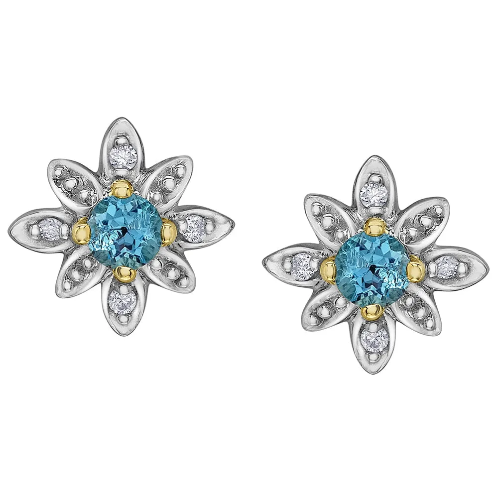 Blue Topaz and Diamond Flower Stud Earrings