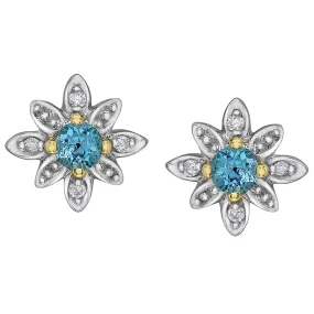 Blue Topaz and Diamond Flower Stud Earrings