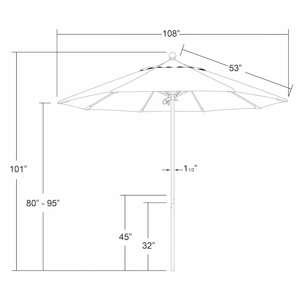 California Umbrella 9' Venture Series Patio Umbrella With Matted White Aluminum Pole Fiberglass Ribs Push Lift With Sunbrella Fabric