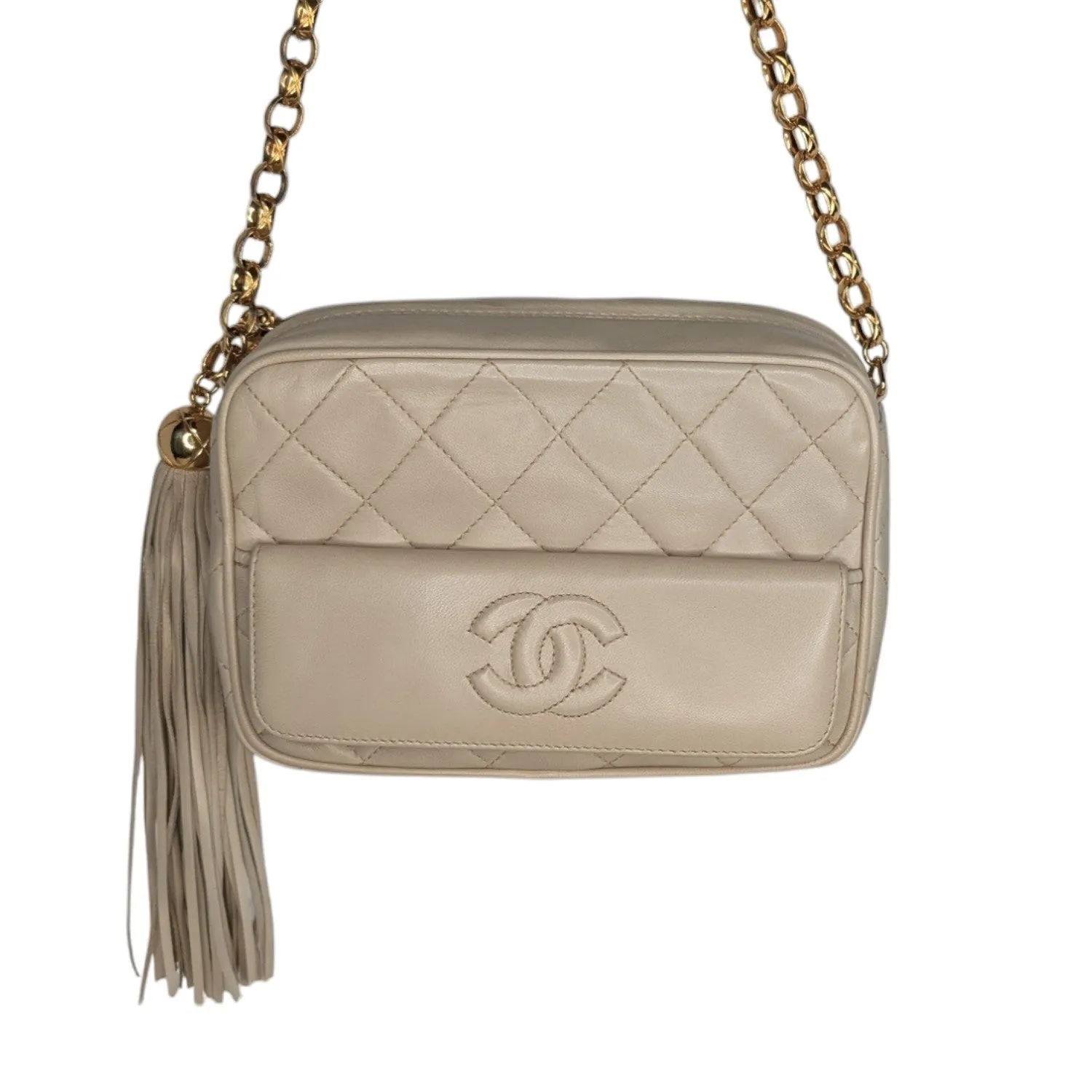 Chanel Vintage Cream Quilted Front Pocket Camera Tassel Bag