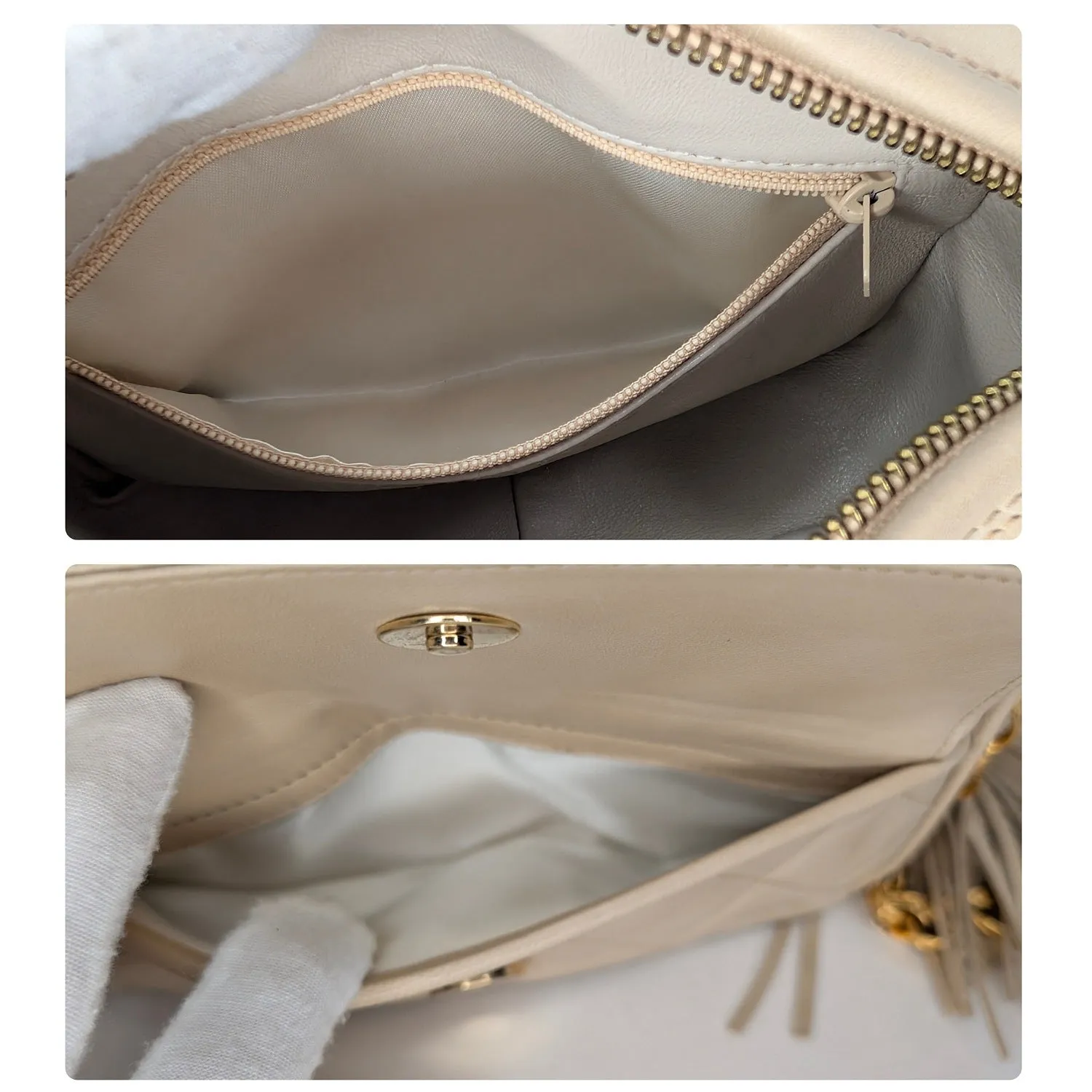 Chanel Vintage Cream Quilted Front Pocket Camera Tassel Bag