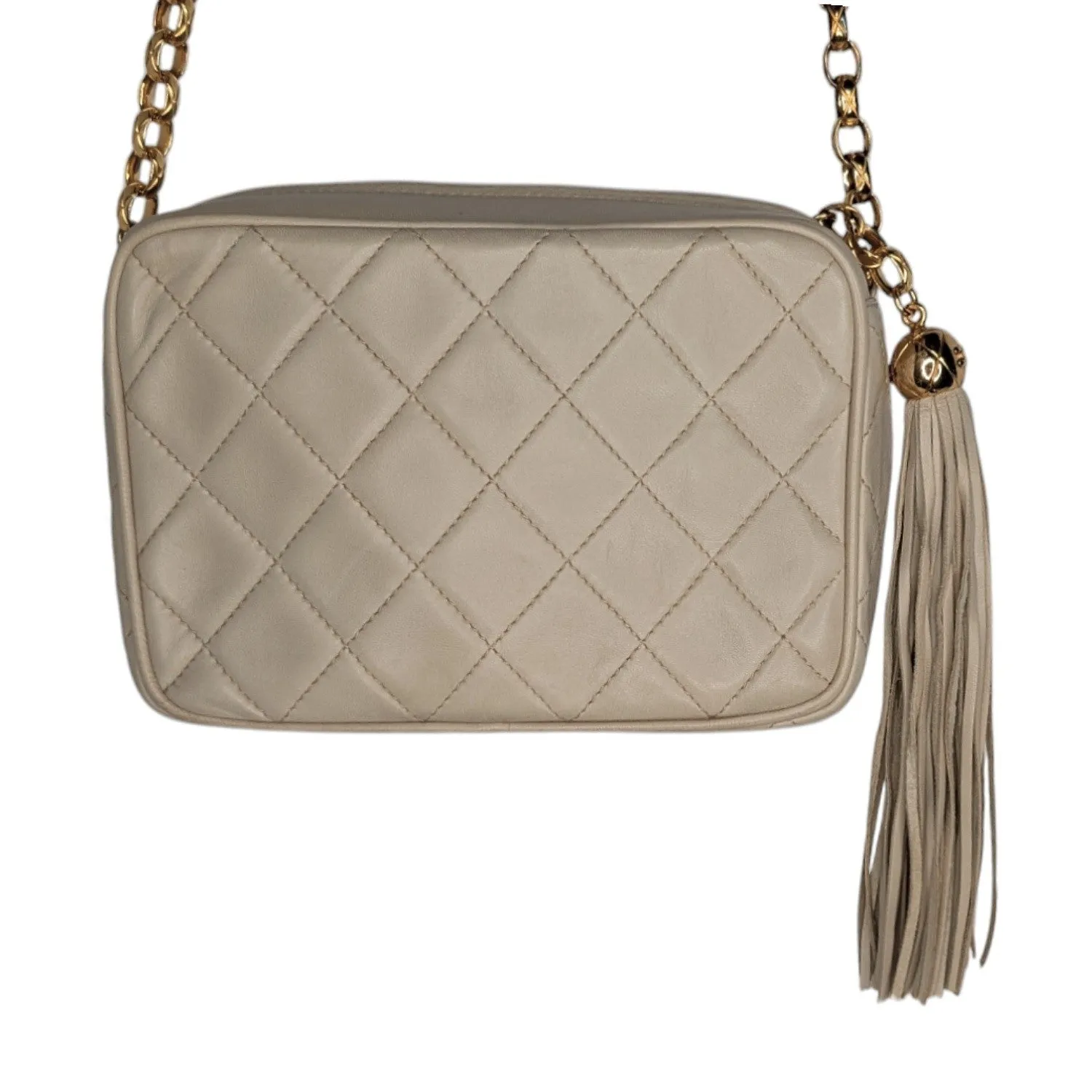 Chanel Vintage Cream Quilted Front Pocket Camera Tassel Bag