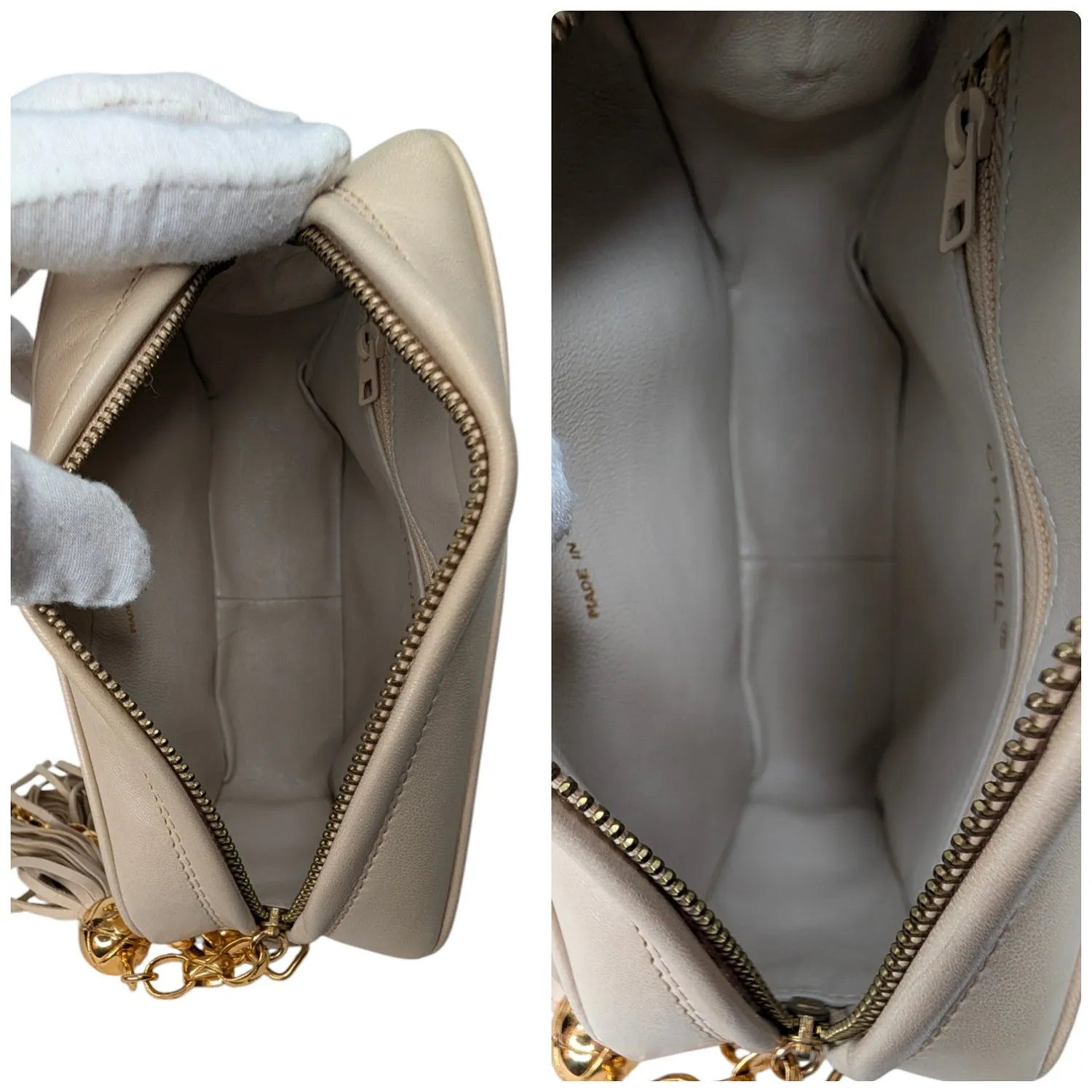 Chanel Vintage Cream Quilted Front Pocket Camera Tassel Bag