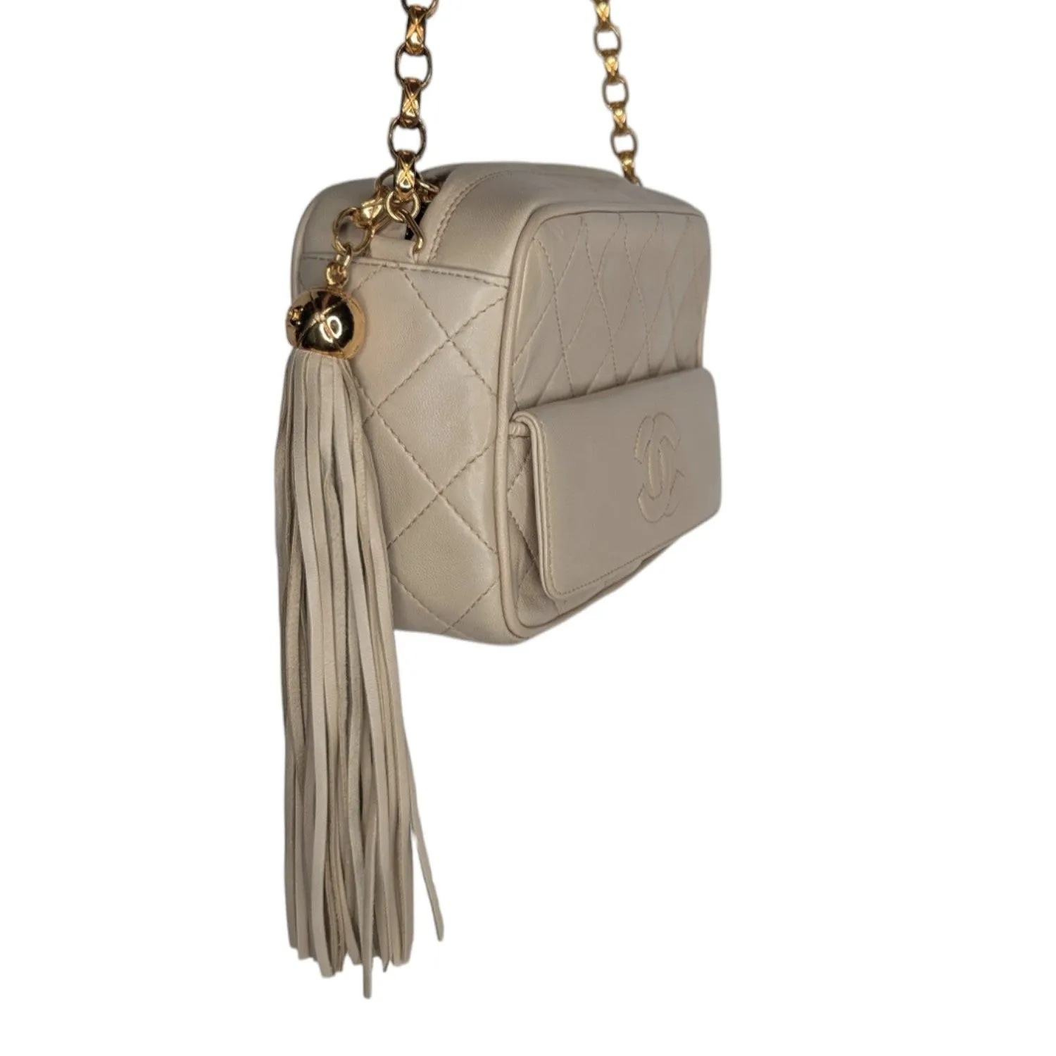 Chanel Vintage Cream Quilted Front Pocket Camera Tassel Bag