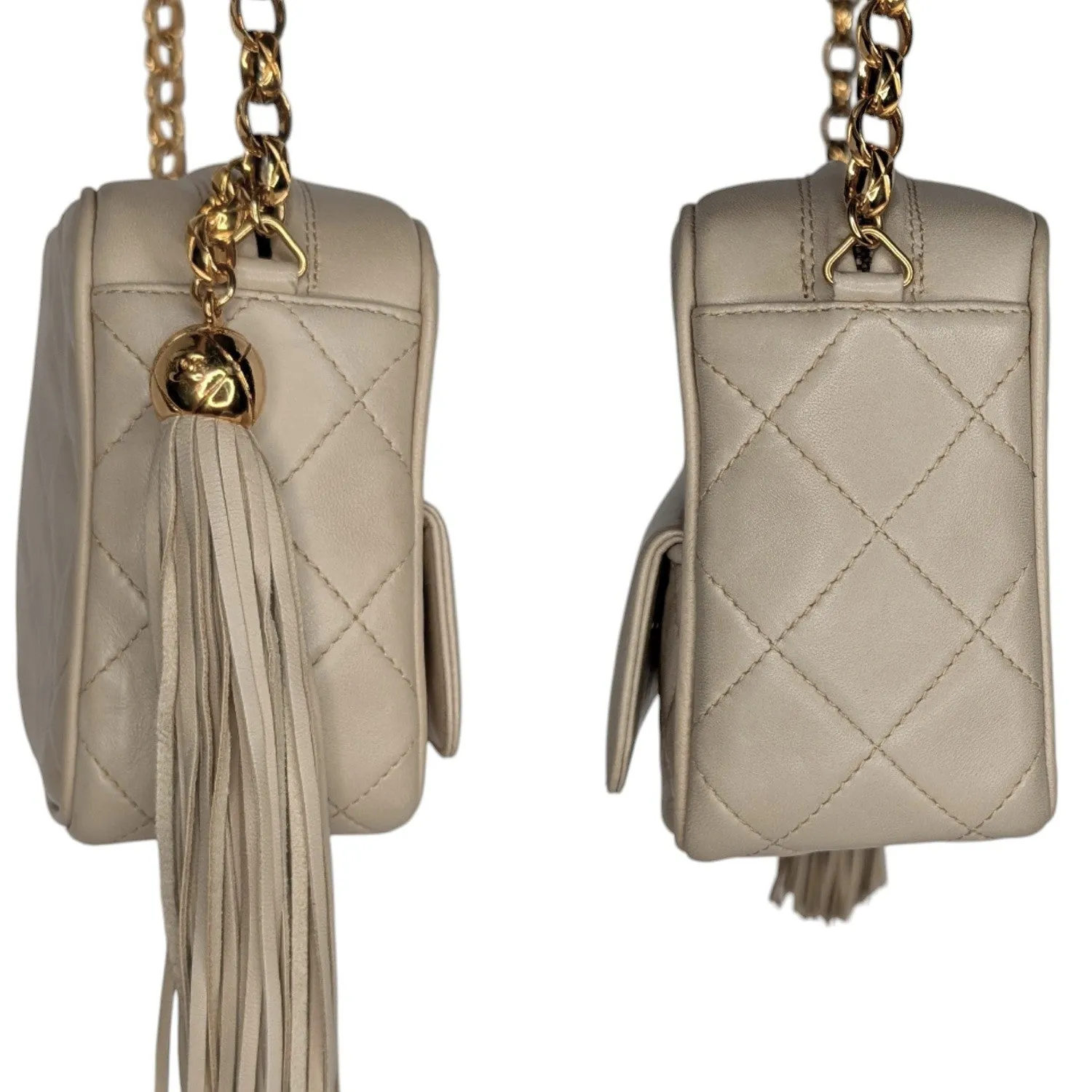 Chanel Vintage Cream Quilted Front Pocket Camera Tassel Bag