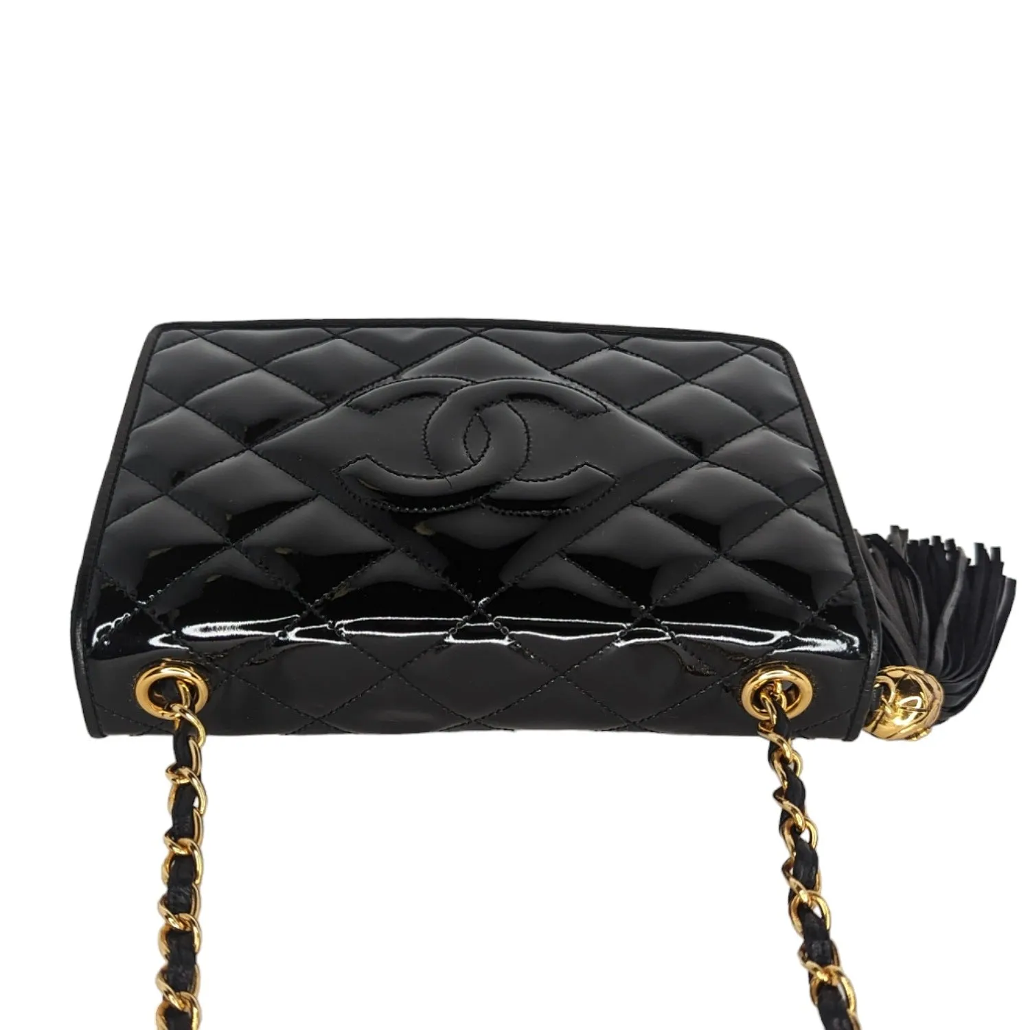 Chanel Vintage Patent Leather Quilted Cc Tassel Flap Bag