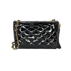 Chanel Vintage Patent Leather Quilted Cc Tassel Flap Bag