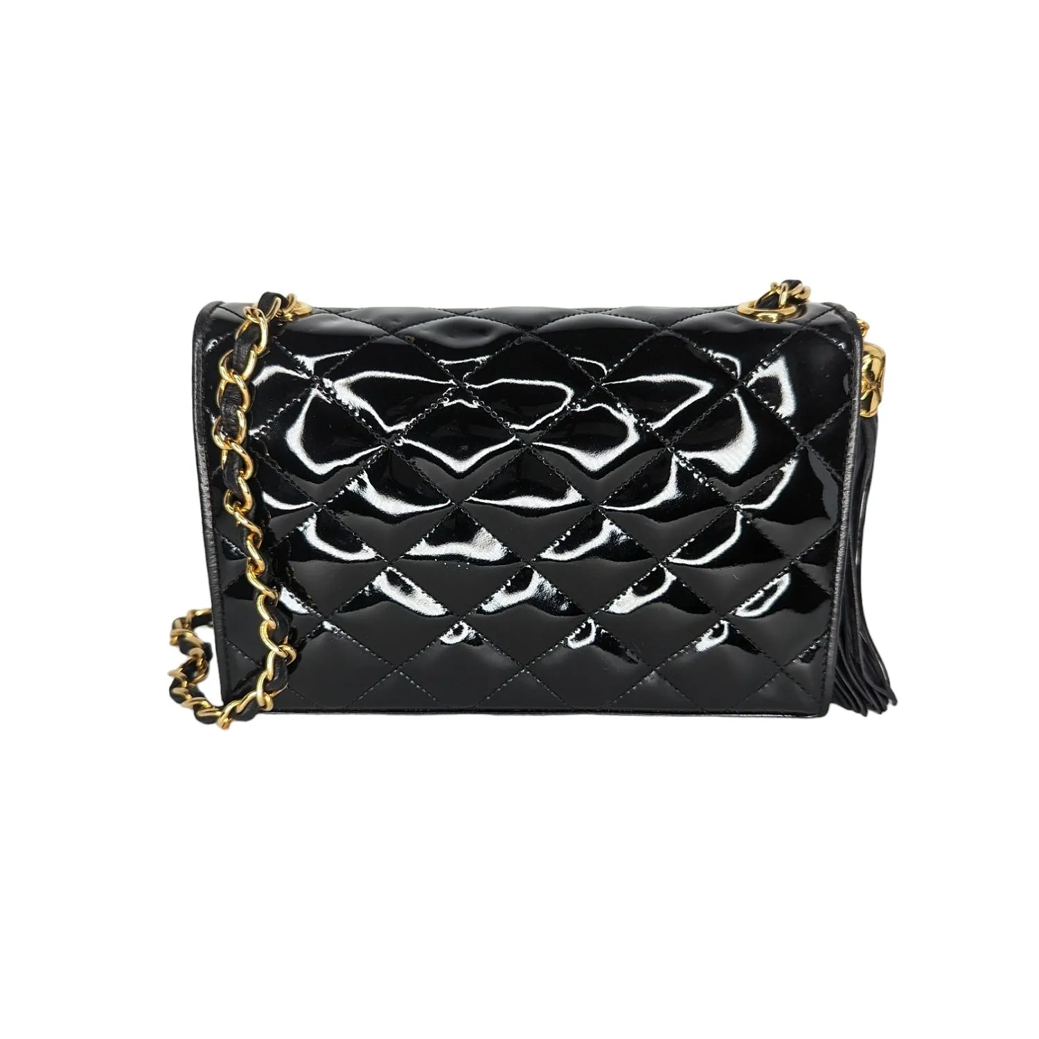 Chanel Vintage Patent Leather Quilted Cc Tassel Flap Bag