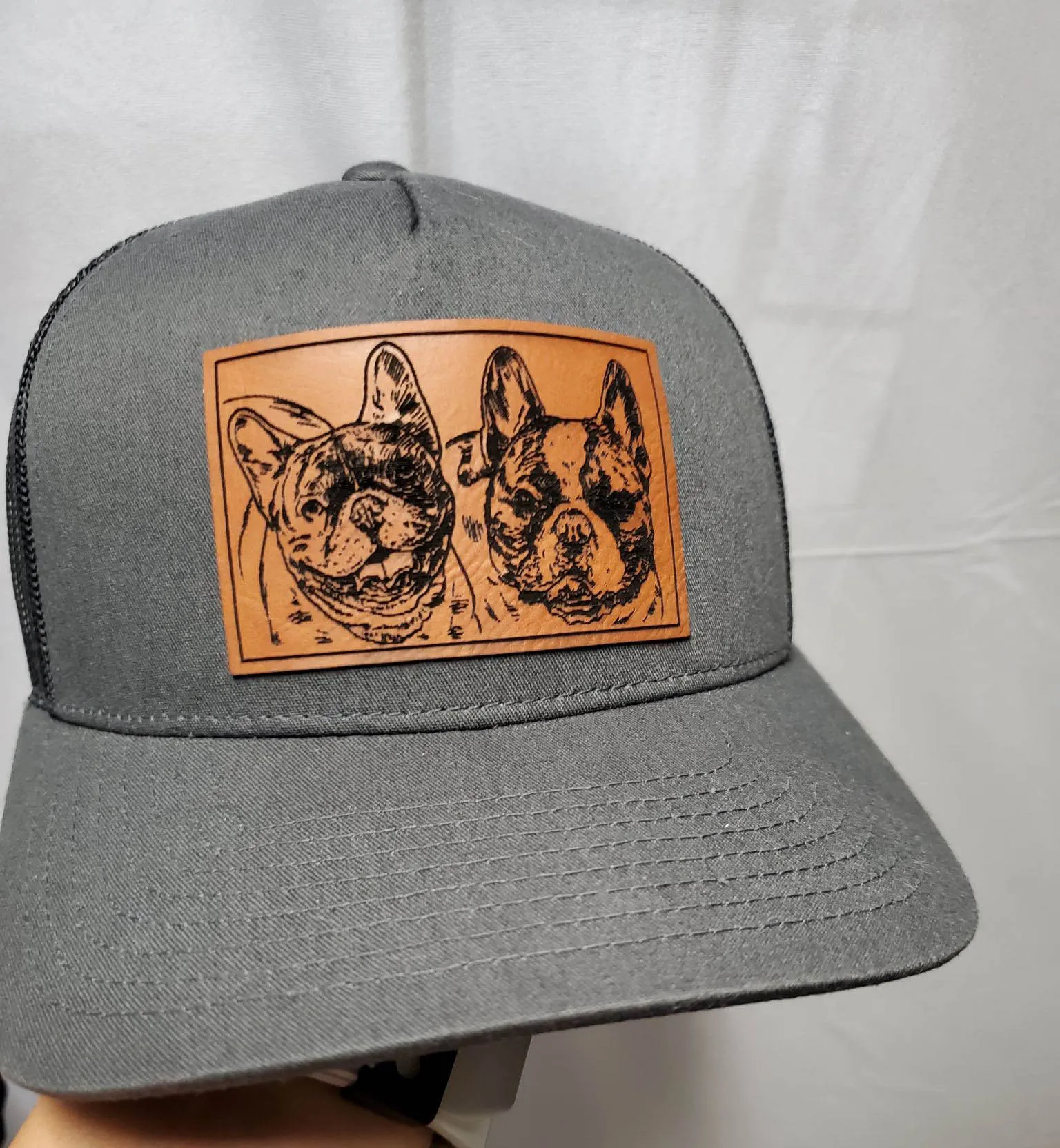 Custom Pet Leather Engraved hat, trucker hat, leather patch, your pet photo on hat
