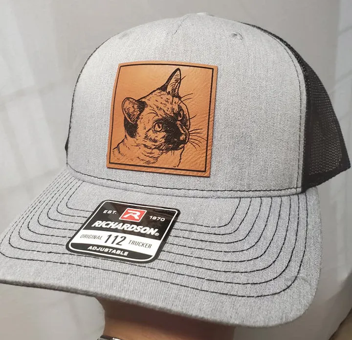 Custom Pet Leather Engraved hat, trucker hat, leather patch, your pet photo on hat
