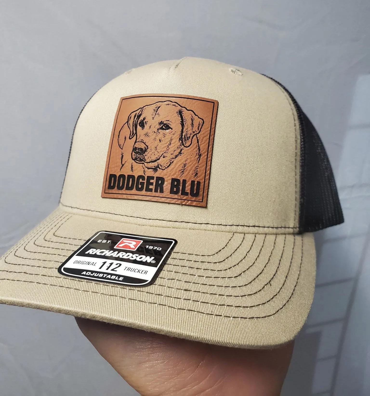 Custom Pet Leather Engraved hat, trucker hat, leather patch, your pet photo on hat