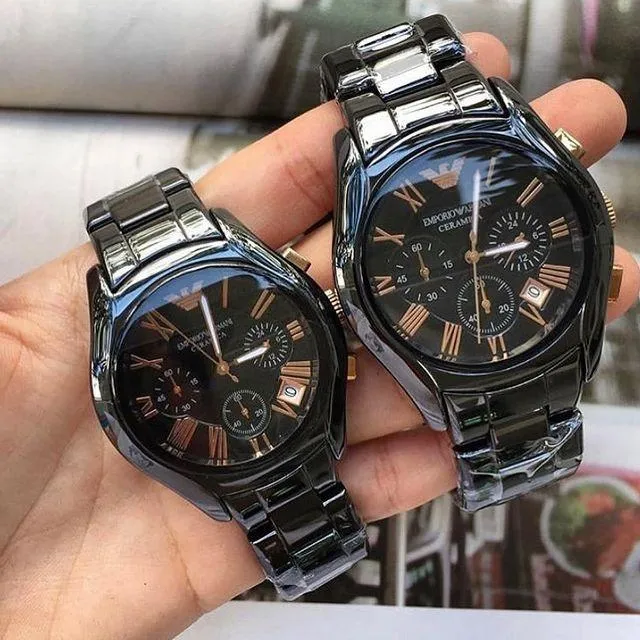 Emporio Armani Ceramic Chronograph Black Gold Dial Couple Watch For Couple-Best Gift AR1410 AR1411