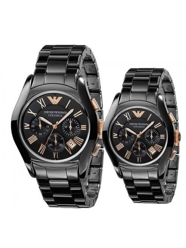Emporio Armani Ceramic Chronograph Black Gold Dial Couple Watch For Couple-Best Gift AR1410 AR1411