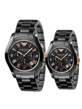 Emporio Armani Ceramic Chronograph Black Gold Dial Couple Watch For Couple-Best Gift AR1410 AR1411