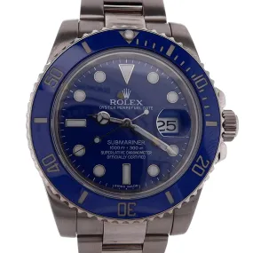 Estate Rolex 18 Karat White Gold Gents 40mm Oyster Perpetual Date Submariner Smurf Blue Dial Ceramic Blue Bezel 116619 With Box C.2008