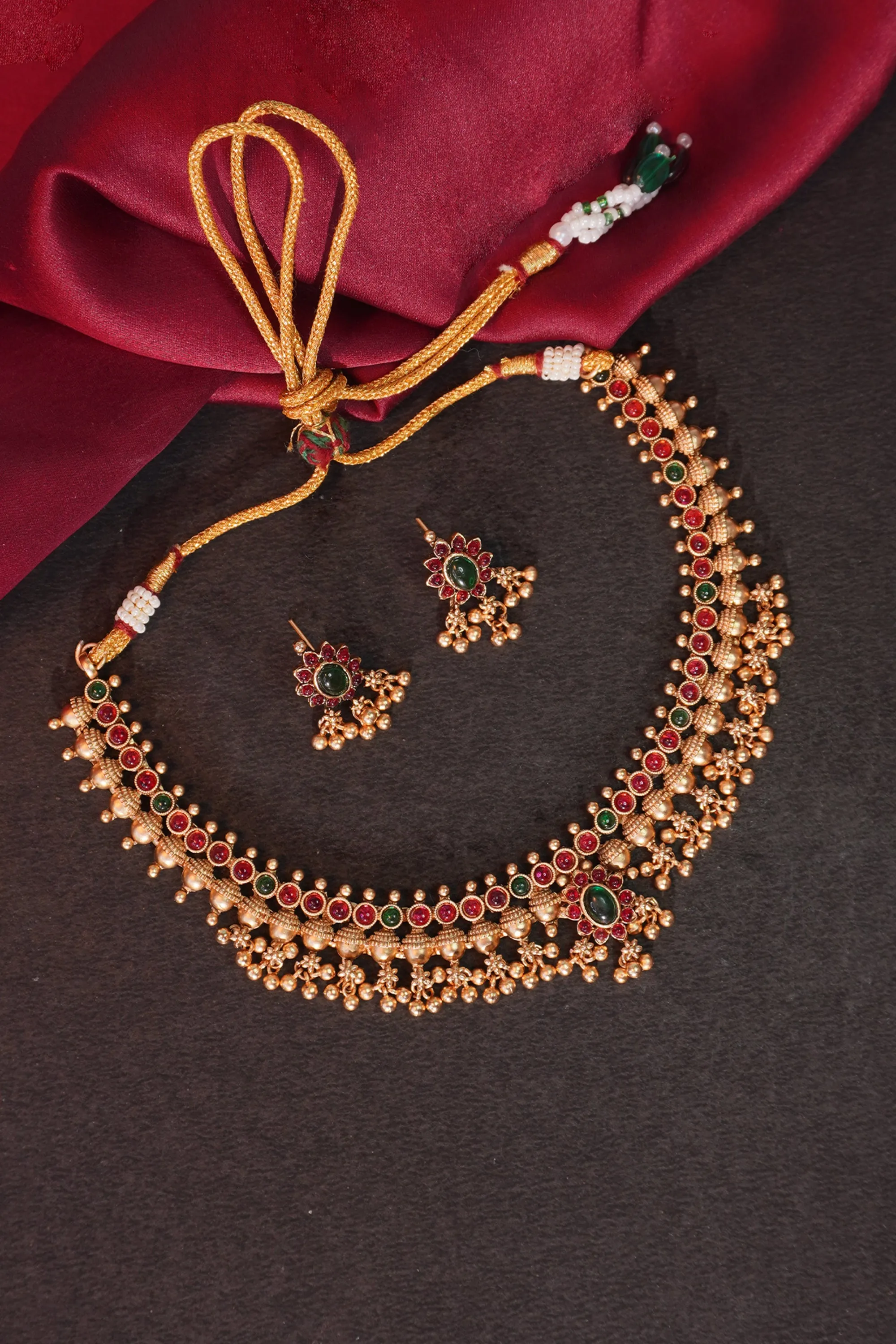 Ethnic Pink and Green Stone Necklace Set with Earrings