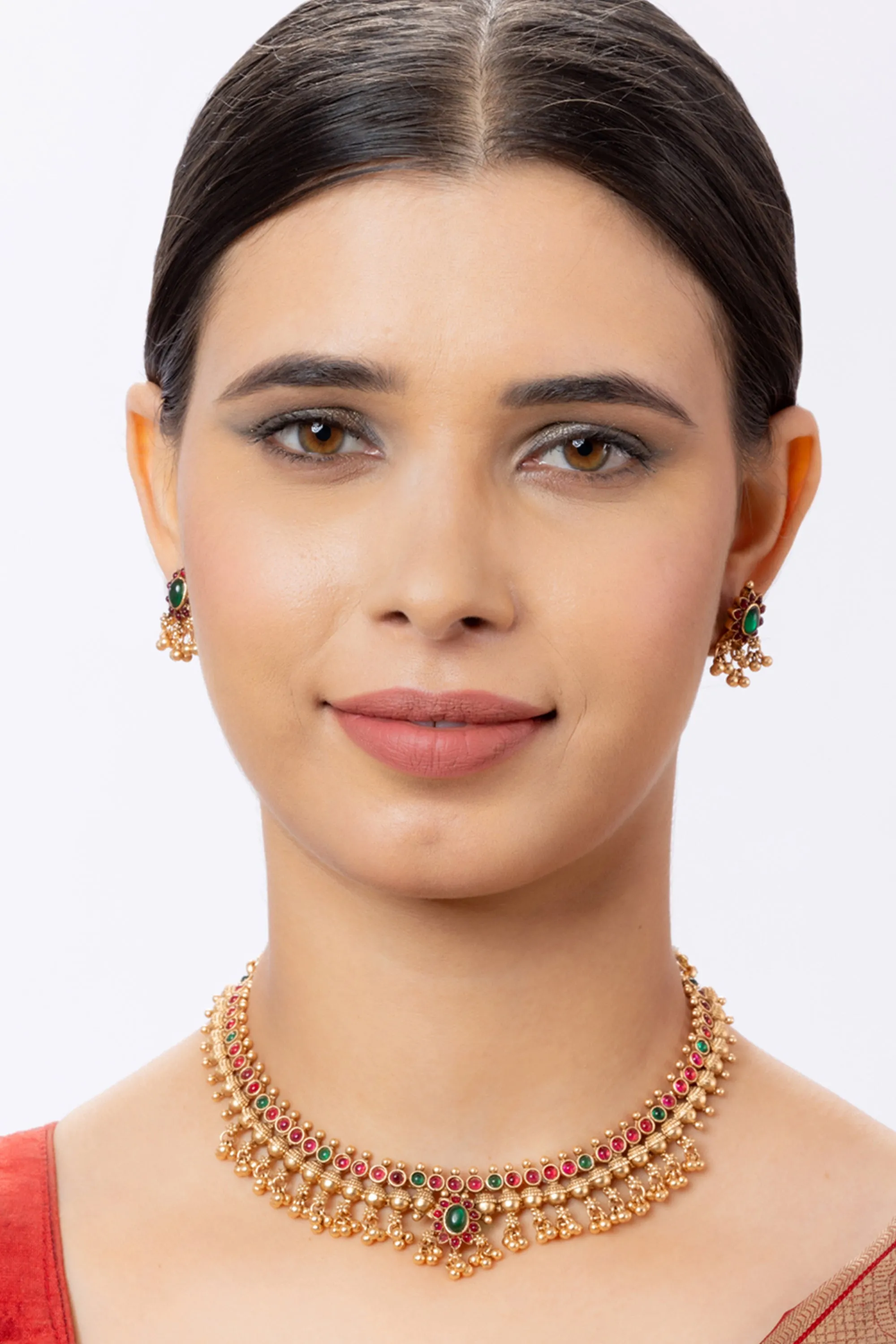 Ethnic Pink and Green Stone Necklace Set with Earrings