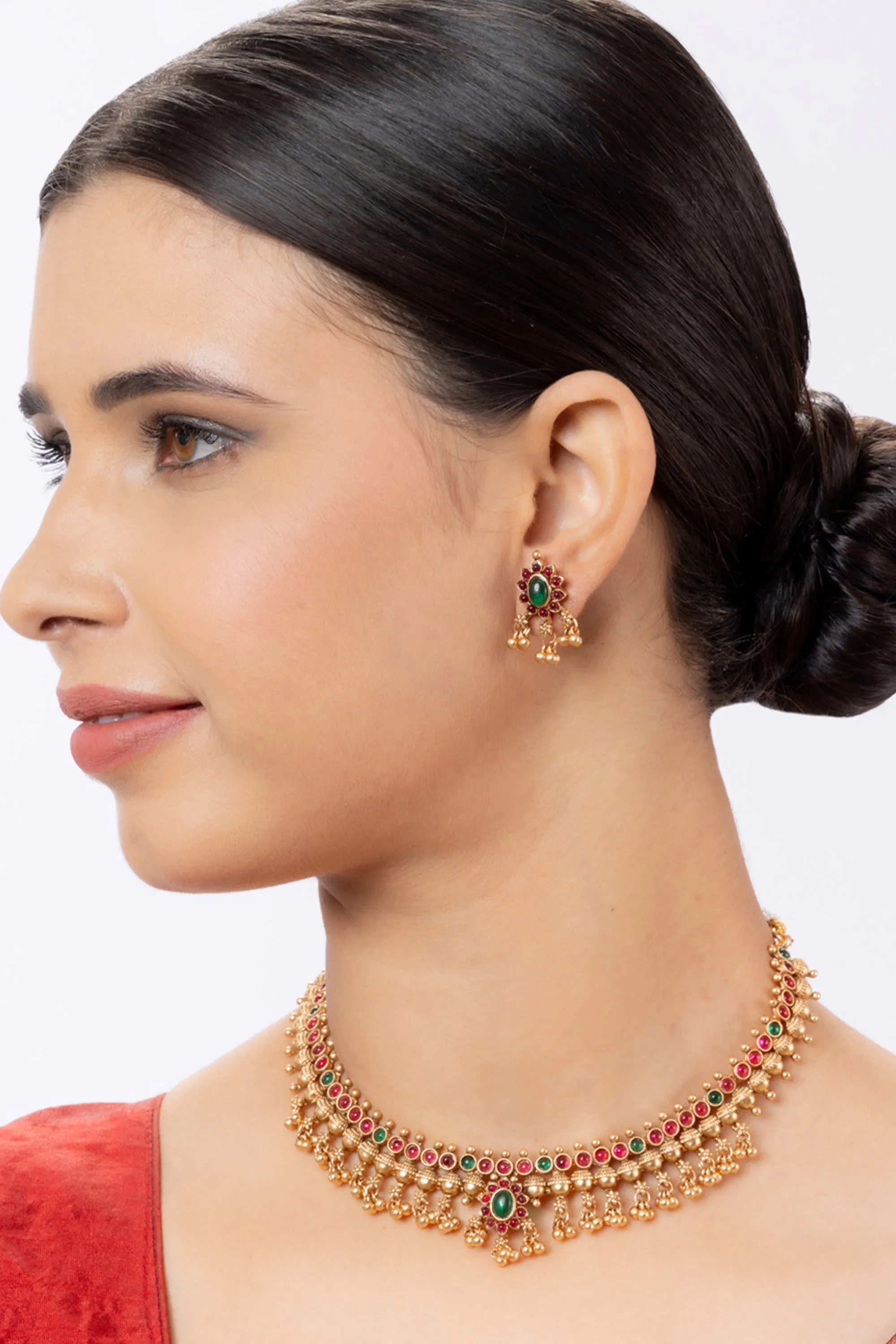 Ethnic Pink and Green Stone Necklace Set with Earrings