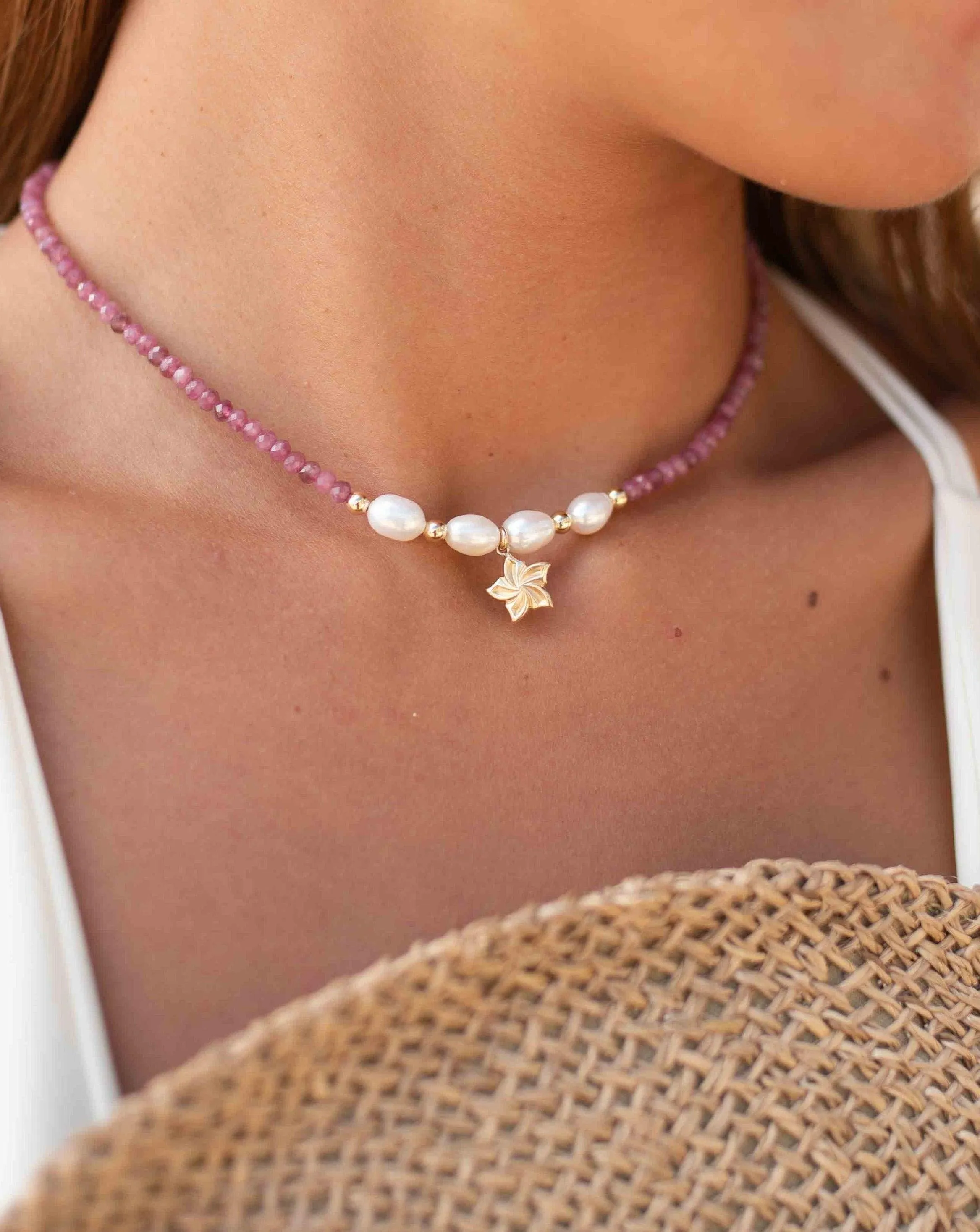 Flower Pink Tourmaline and Pearl necklace~ Gold Filled ~ Choker ~ MN099