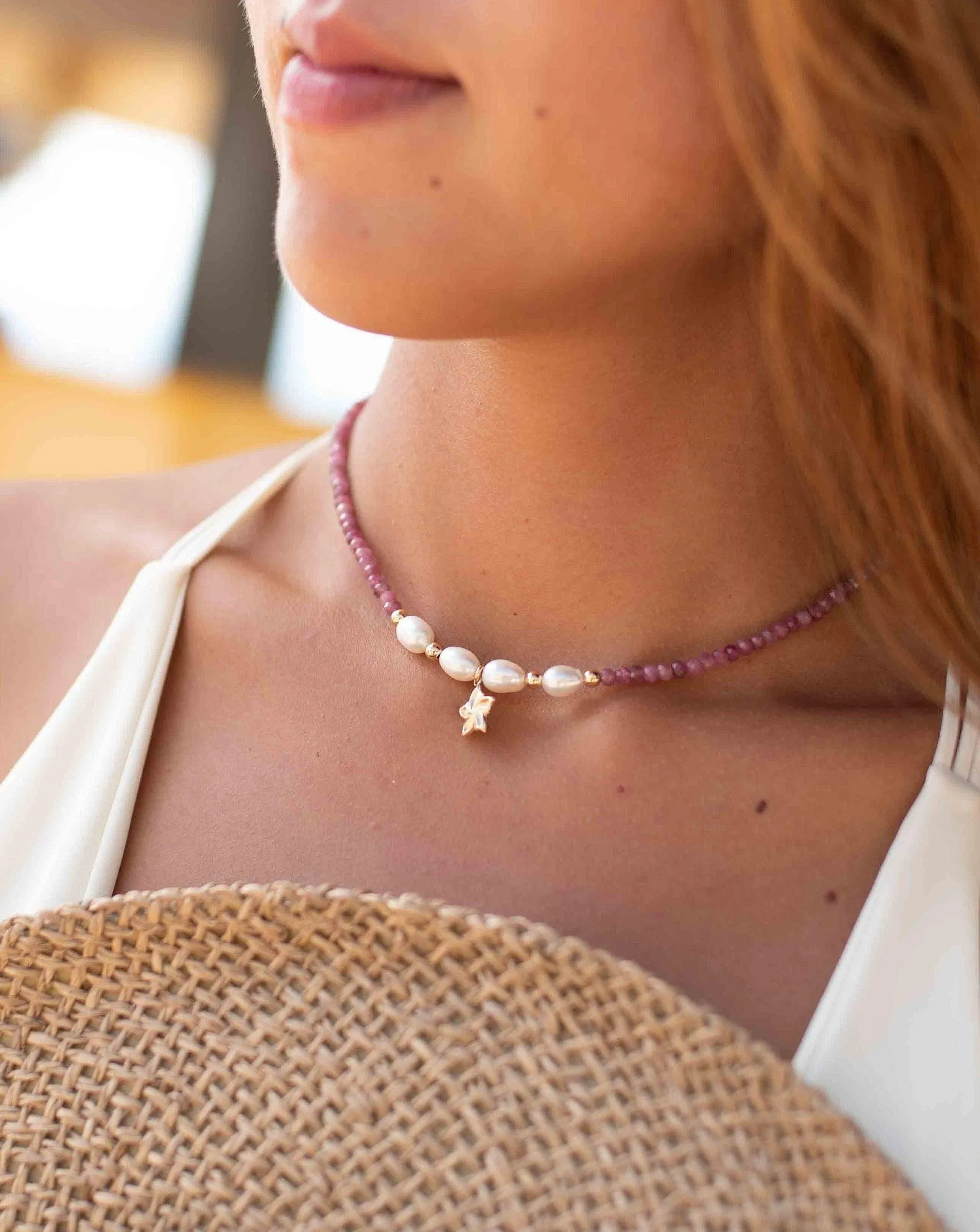 Flower Pink Tourmaline and Pearl necklace~ Gold Filled ~ Choker ~ MN099
