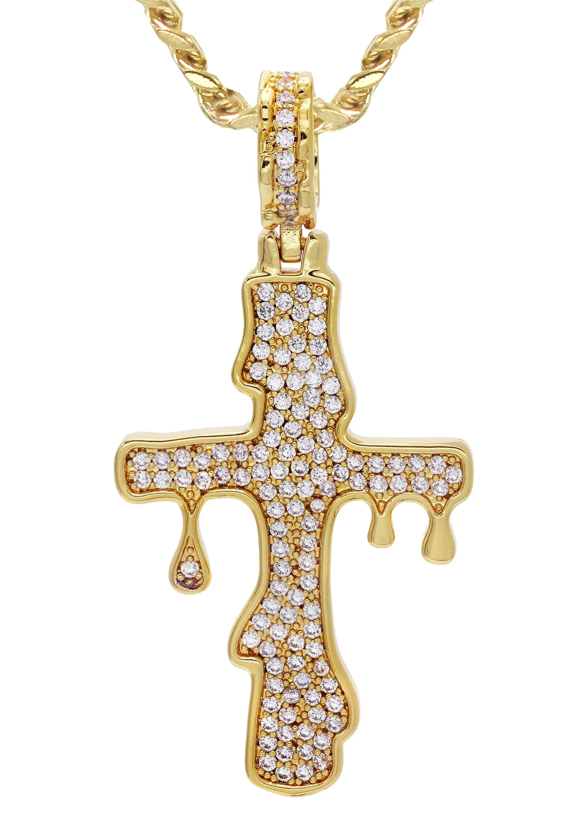 Gold Plated Cuban Link Chain & Melting Cross Pendant | Appx. 10.9 Grams