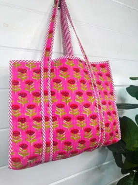 Hot Pink Floral Print Oversized Quilted Tote Bag