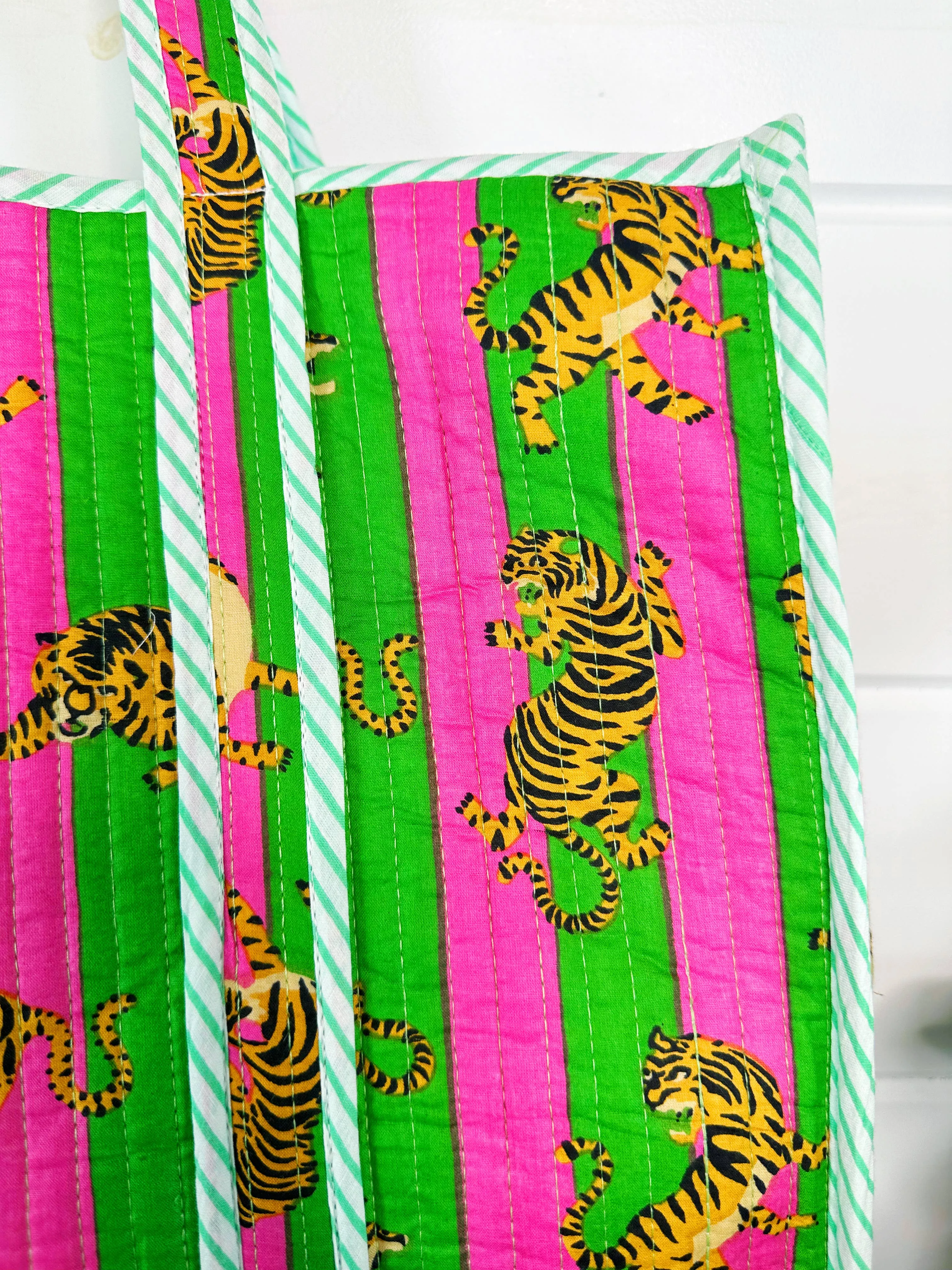 Iconic Oversized Quilted Tote Bag in Green Stripes/Tiger