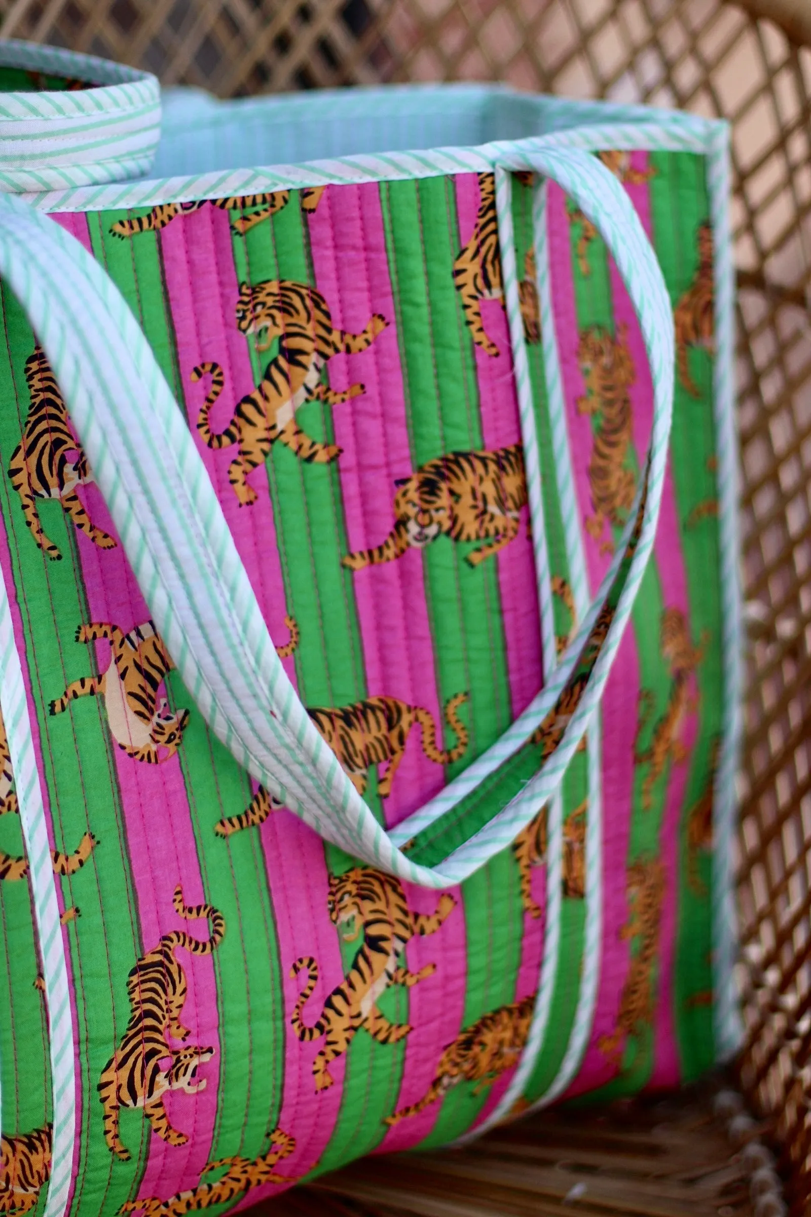 Iconic Oversized Quilted Tote Bag in Green Stripes/Tiger
