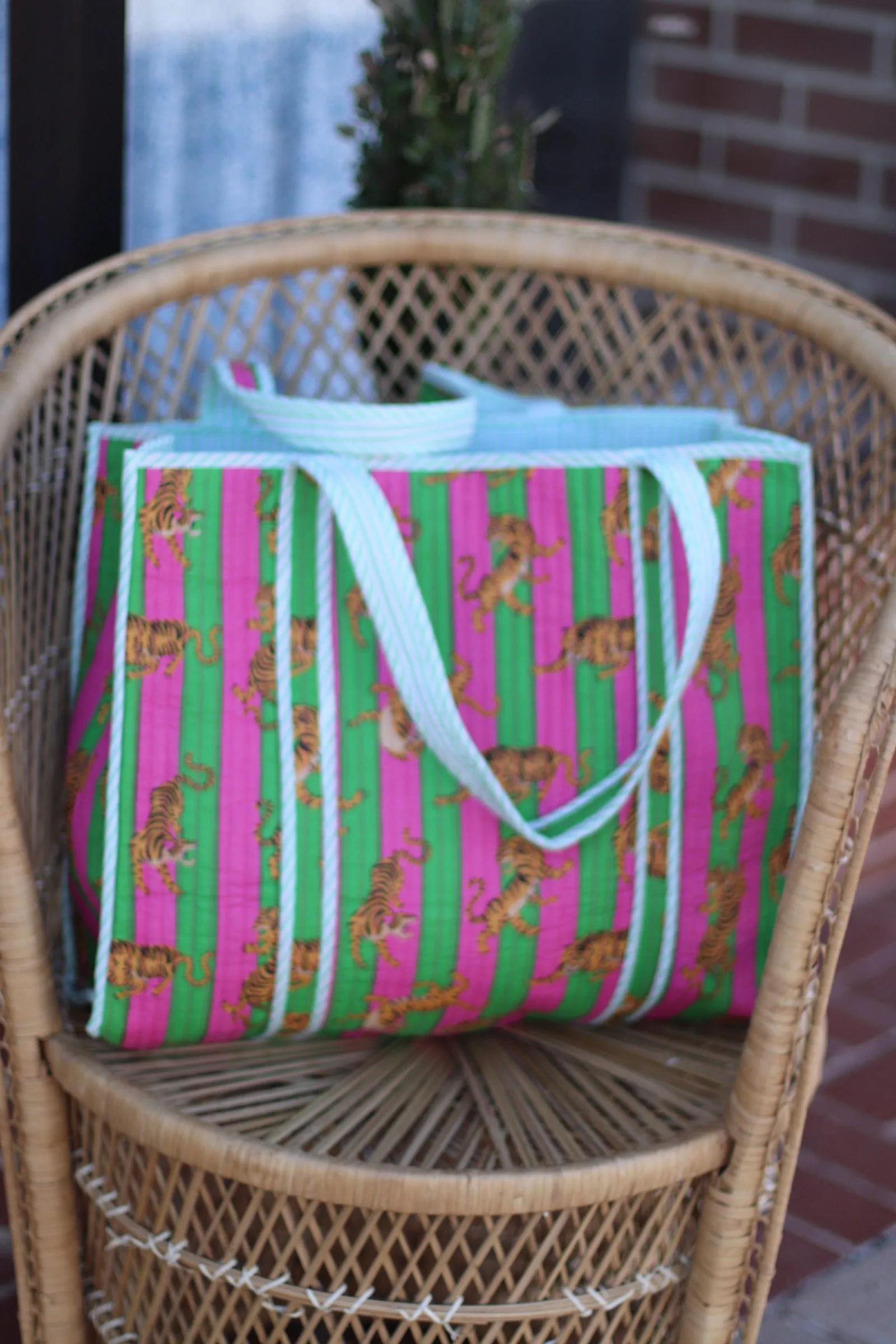 Iconic Oversized Quilted Tote Bag in Green Stripes/Tiger