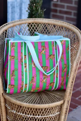 Iconic Oversized Quilted Tote Bag in Green Stripes/Tiger