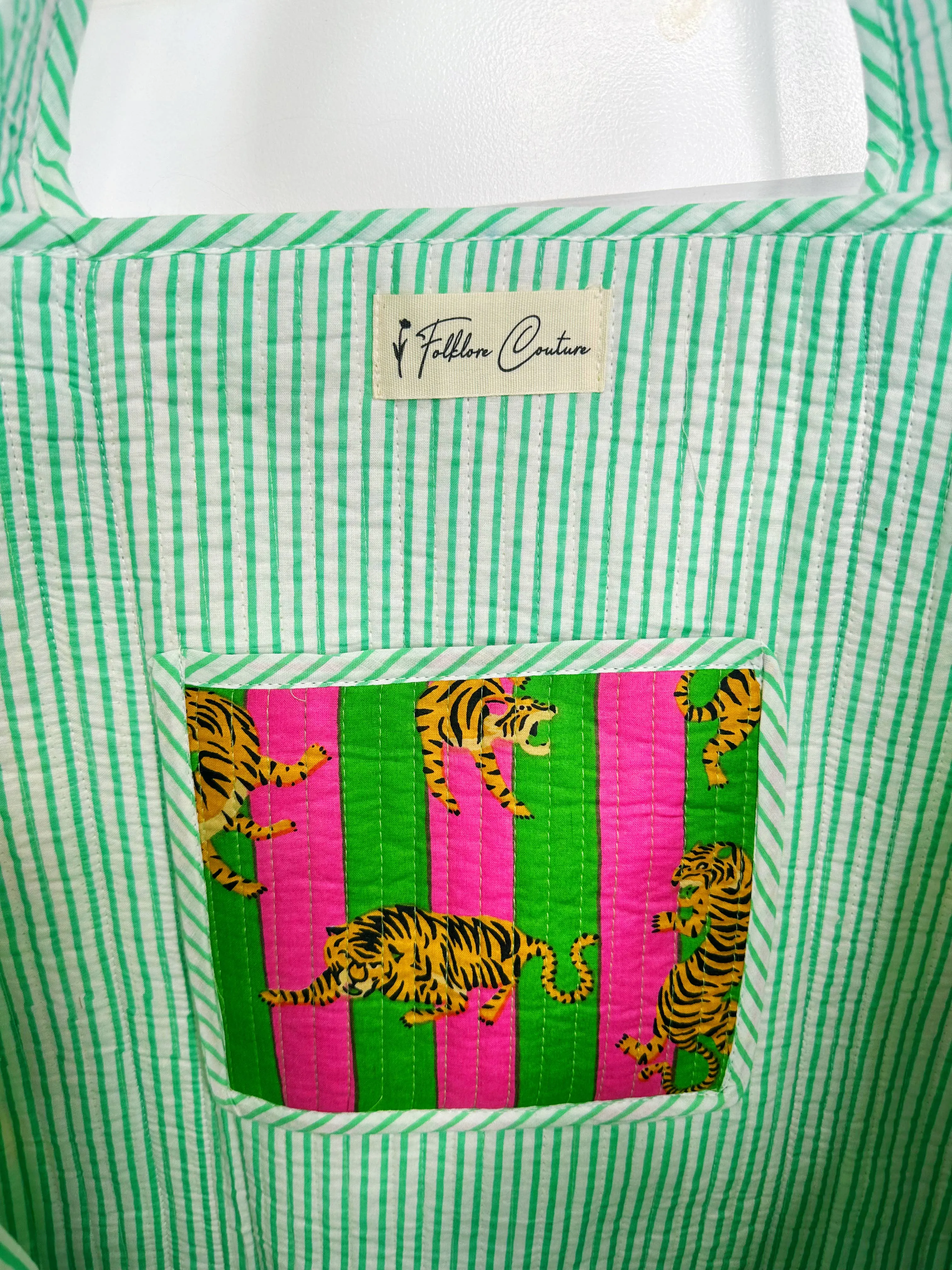 Iconic Oversized Quilted Tote Bag in Green Stripes/Tiger